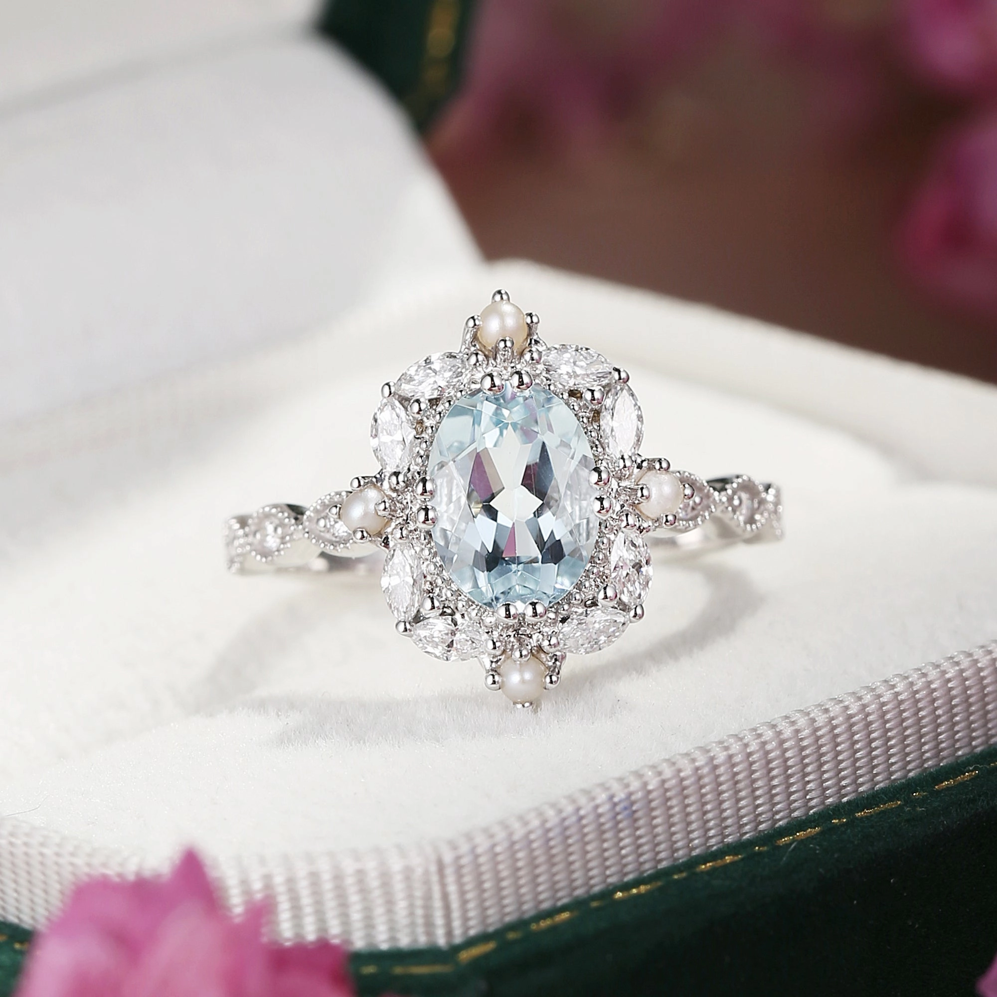 Glam Night Look Comfort Fit Oval Aquamarine Gold Halo Engagement Ring - Bay