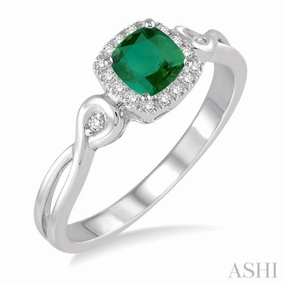 Fashion Piece Fine Details 4x4 MM Cushion Shape Emerald and 1/10 Ctw Round Cut Diamond Ring in 10K White Gold