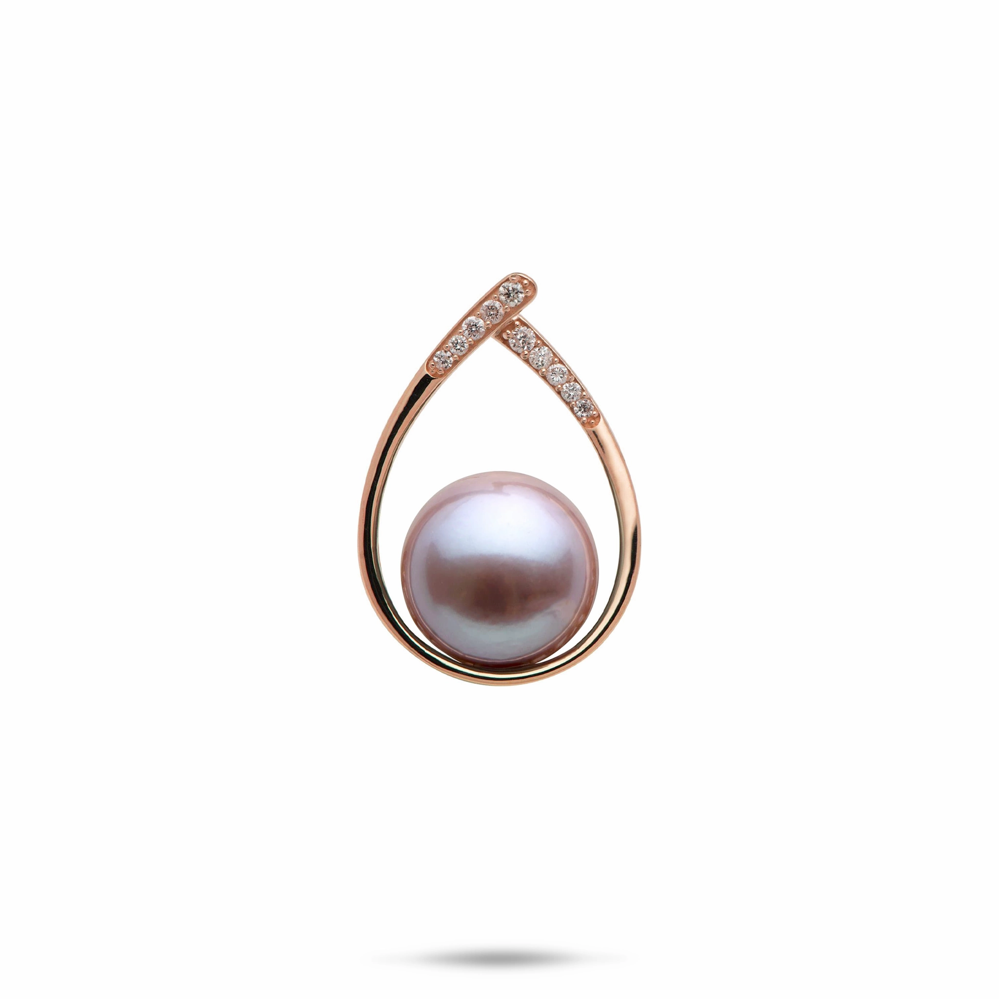 Teardrop Lilac Freshwater Pearl Pendant in Rose Gold with Diamonds - 10-11mm Gleaming Highlight
