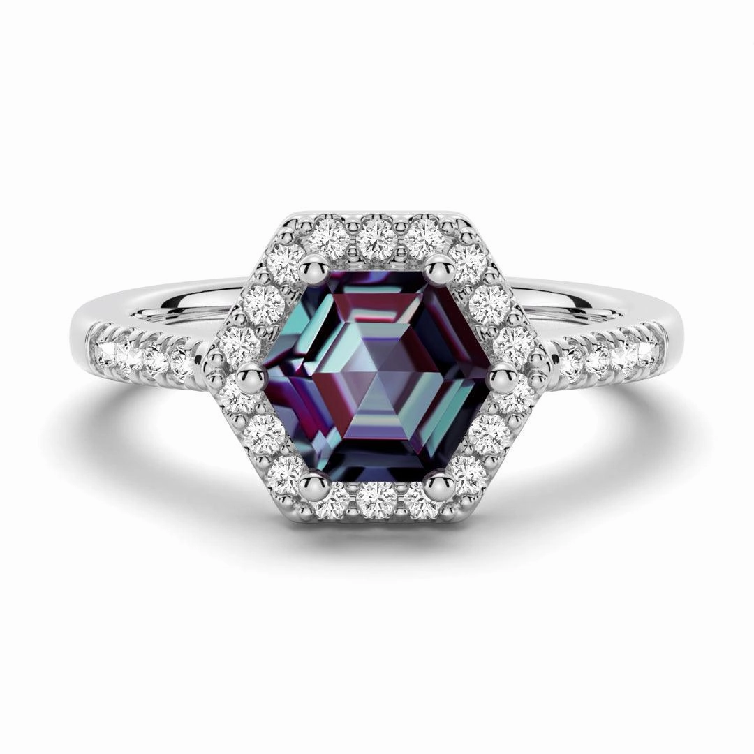 1.5 CT. Hexagon Cut Alexandrite Engagement Ring With Moissanite Halo Pav?? Luxury Casual Luxury Collection