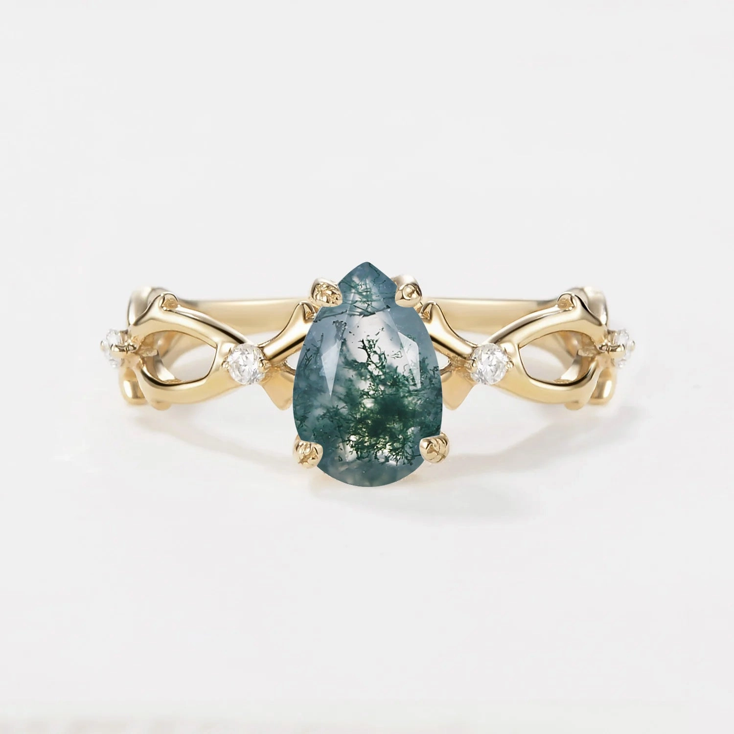 1.5ct Pear Moss Agate Infinity Leaf Four-prong Ring Classic Piece