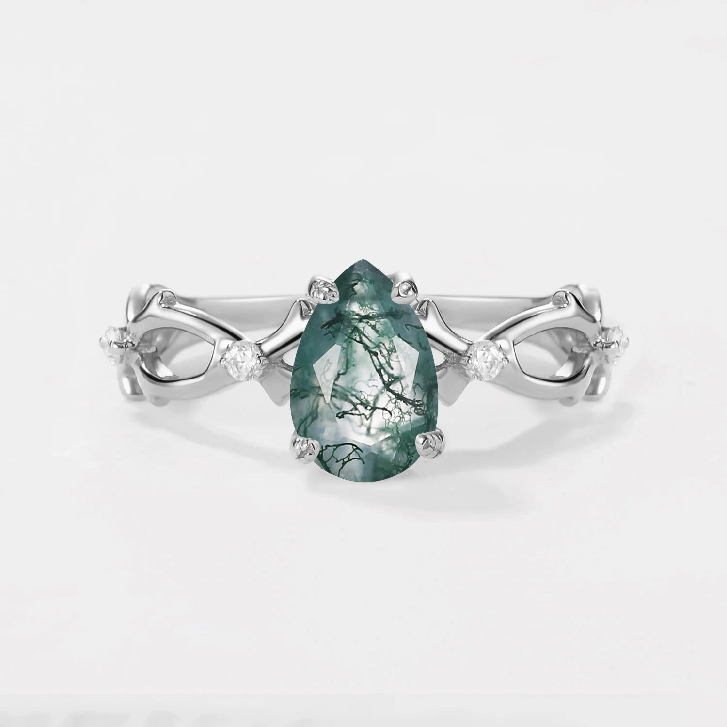 Glamorous Jewelry Exclusive Edge 1.5ct Pear Moss Agate Infinity Leaf Four-prong Ring