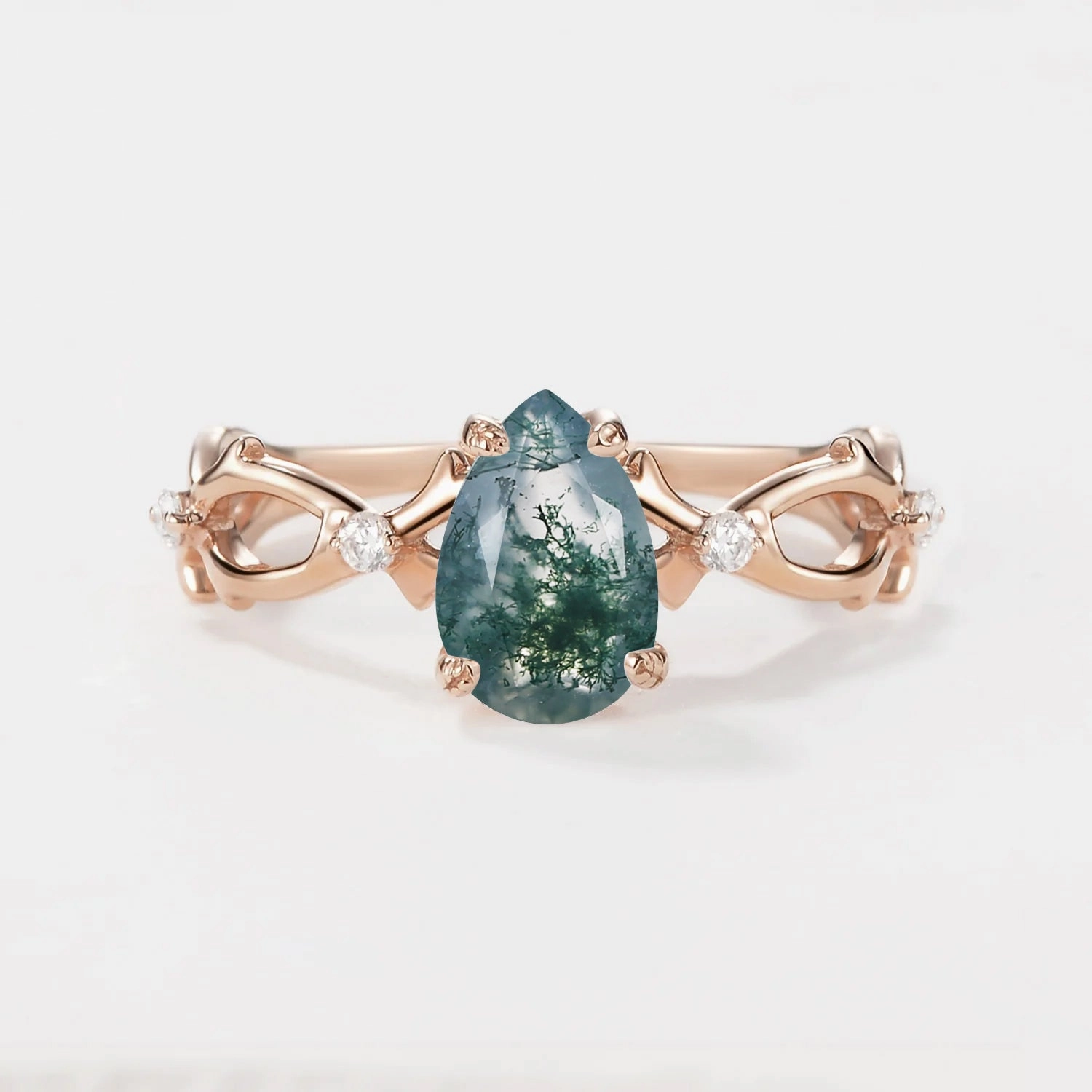 Distinct Detail Timeless Shine Craftwork 1.5ct Pear Moss Agate Infinity Leaf Four-prong Ring