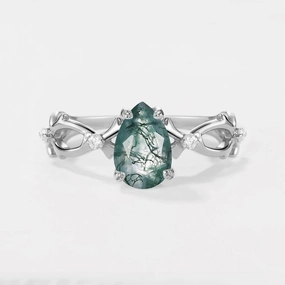 Glamorous Jewelry Exclusive Edge 1.5ct Pear Moss Agate Infinity Leaf Four-prong Ring