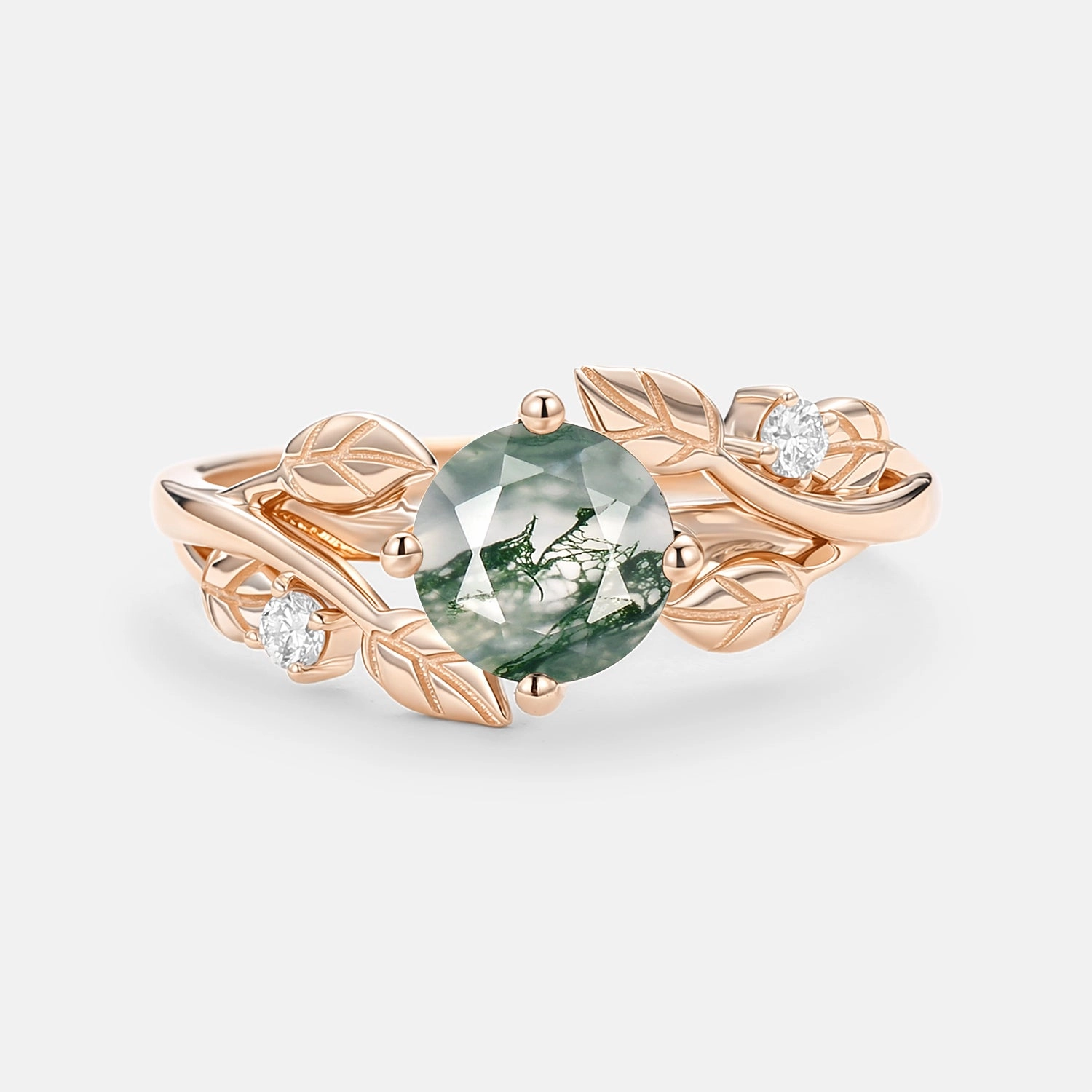 Round Shaped Leaf Moss Agate Engagement Ring - Gardenia Shiny Features Fashion Edit