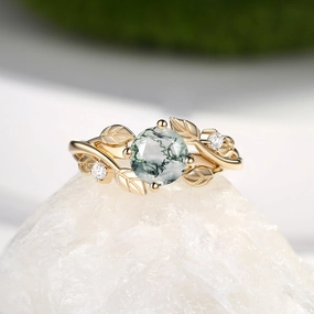 Round Shaped Leaf Moss Agate Engagement Ring - Gardenia Minimal Glow Refined Accessory