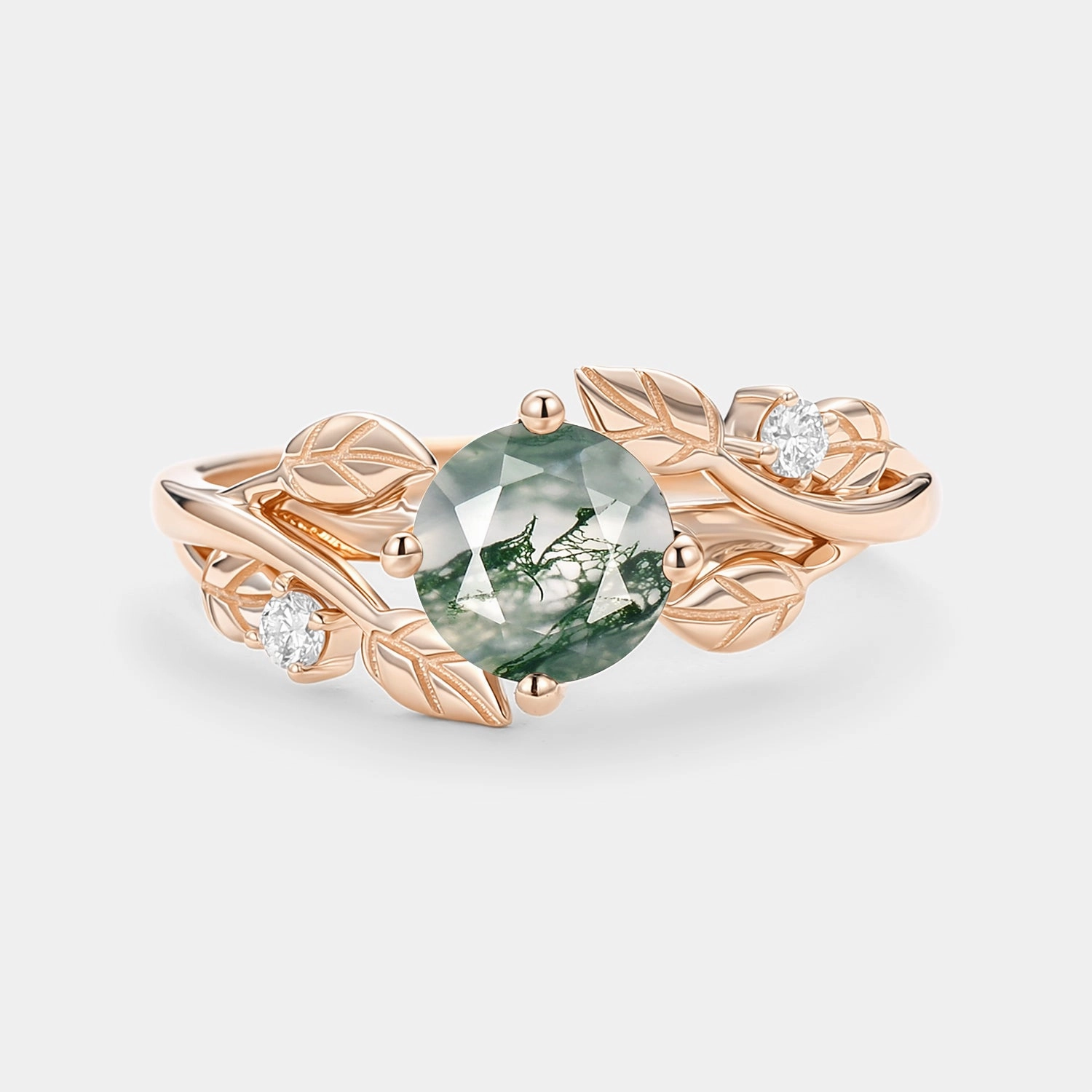 Round Shaped Leaf Moss Agate Engagement Ring - Gardenia Figurative Art Secure Product