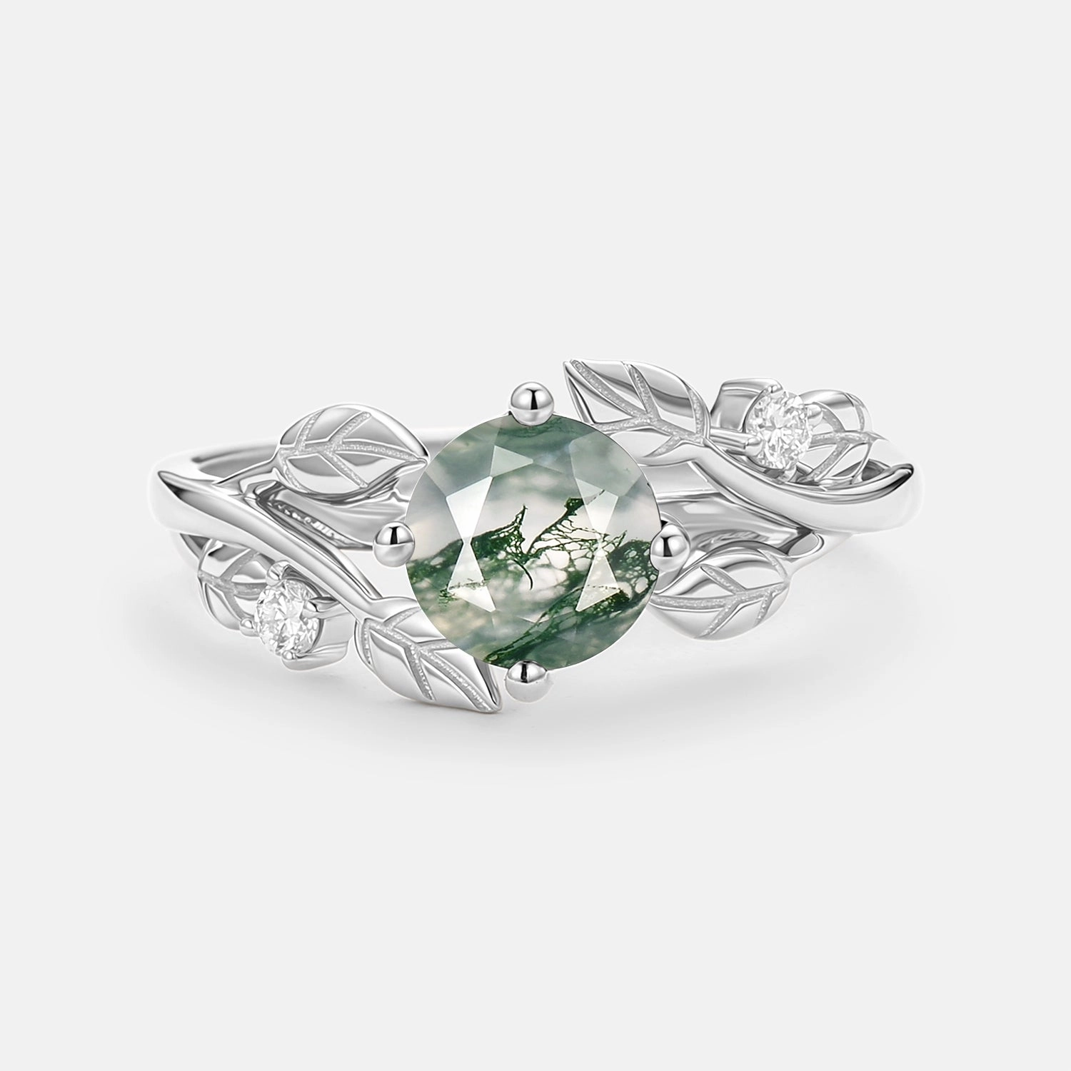 Celebration Accent Secure Product Round Shaped Leaf Moss Agate Engagement Ring - Gardenia