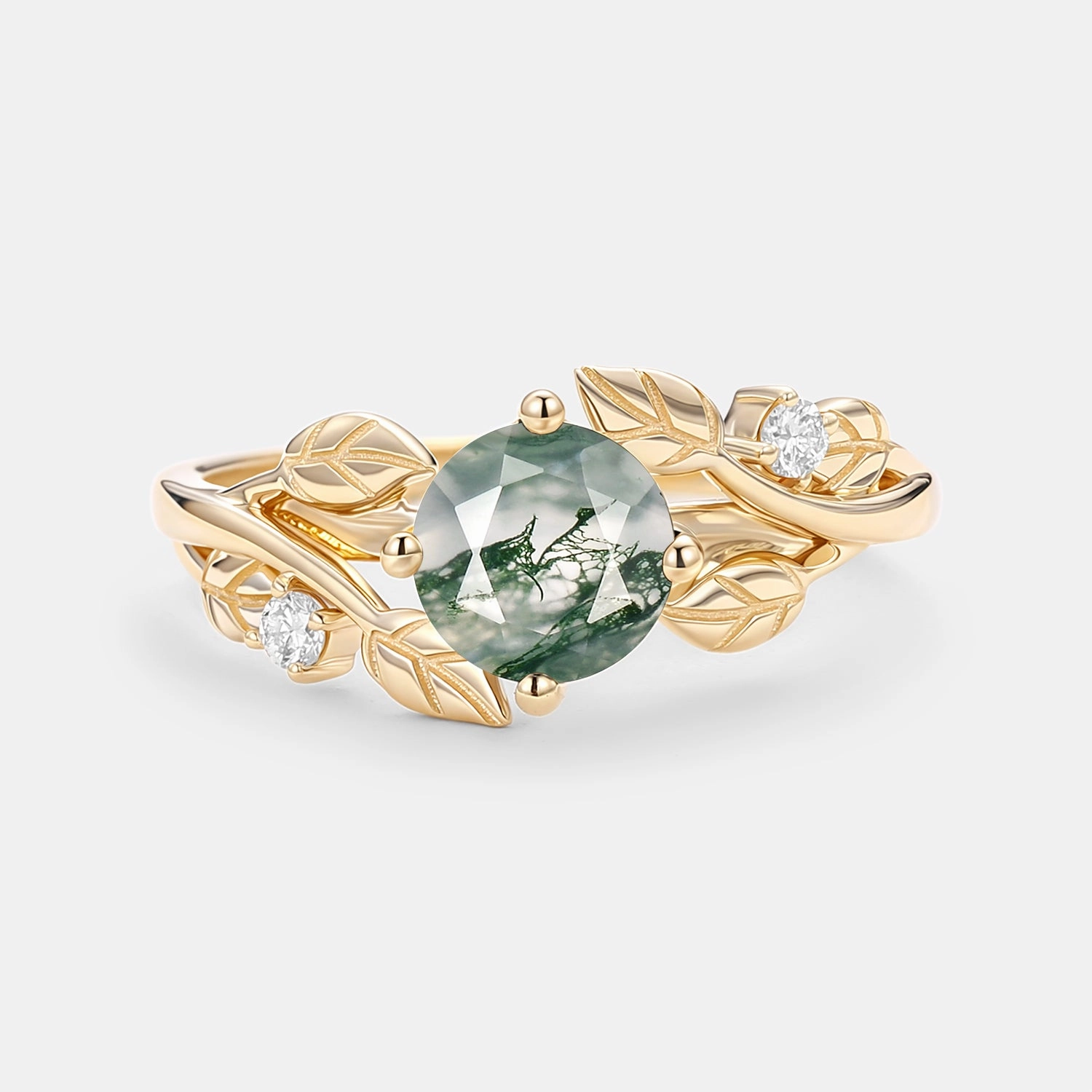 All Day Wear Creative Finish Round Shaped Leaf Moss Agate Engagement Ring - Gardenia