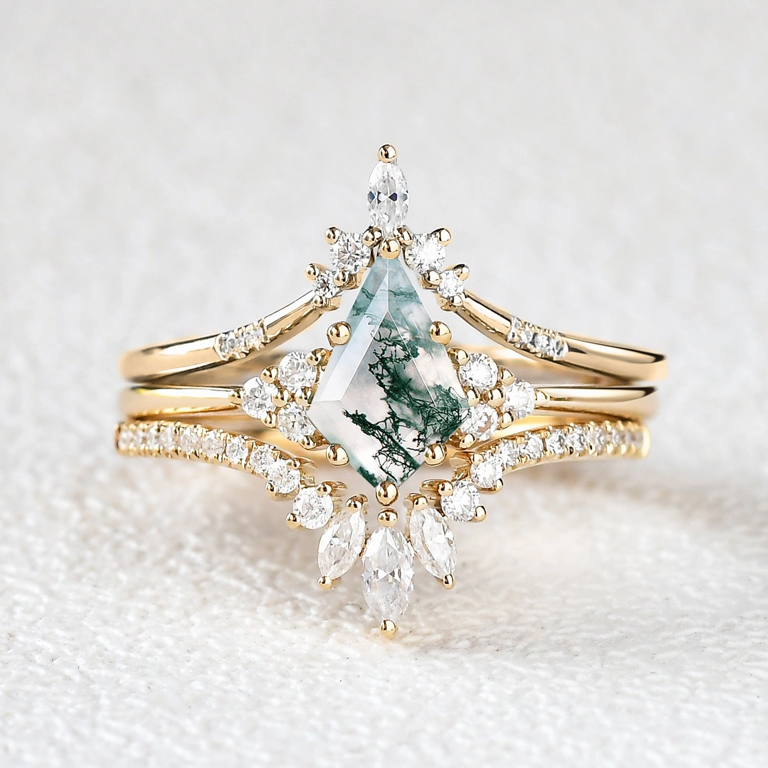 Refined Layer Timeless Shine Jewelry Women Kite Cut Moss Agate Engagement Ring Set 3pcs