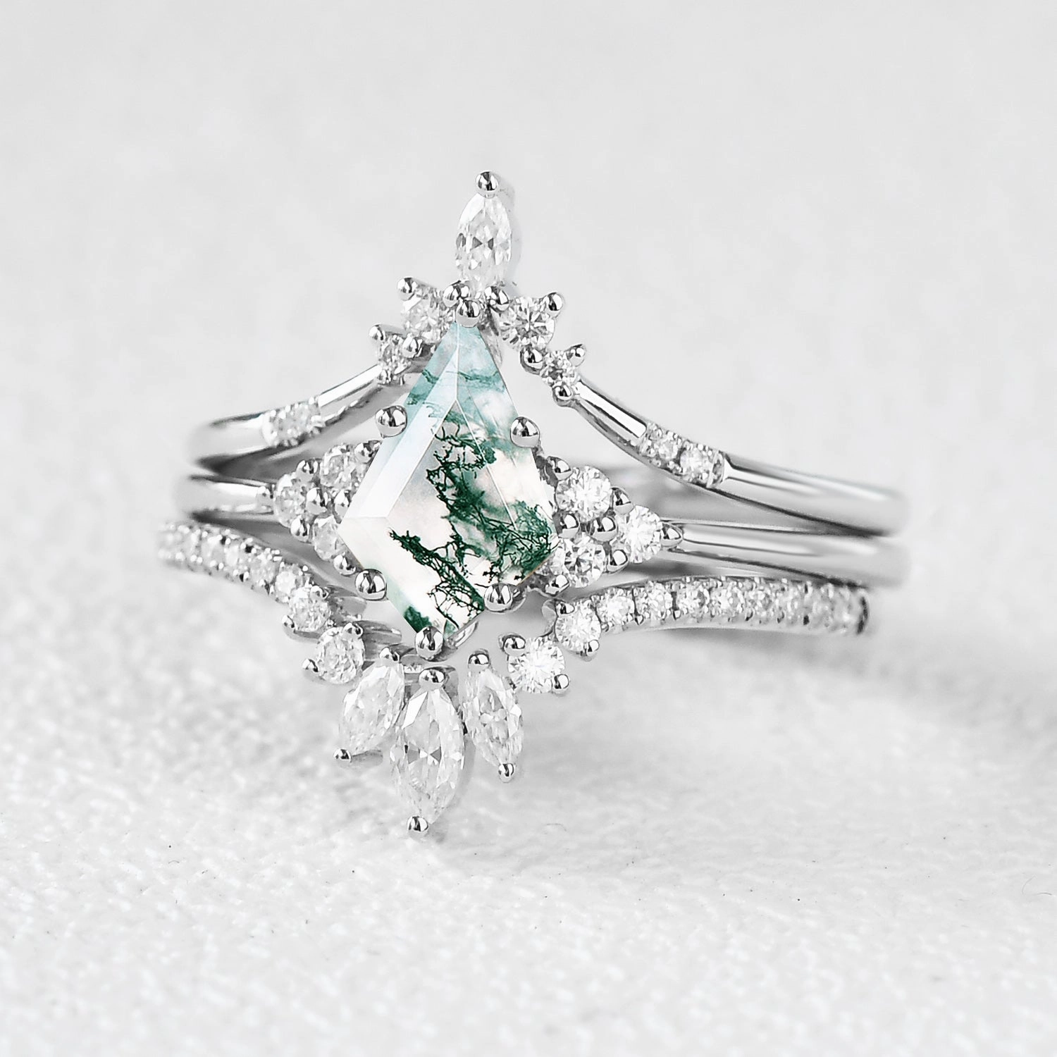 Luxury Edge Women Kite Cut Moss Agate Engagement Ring Set 3pcs