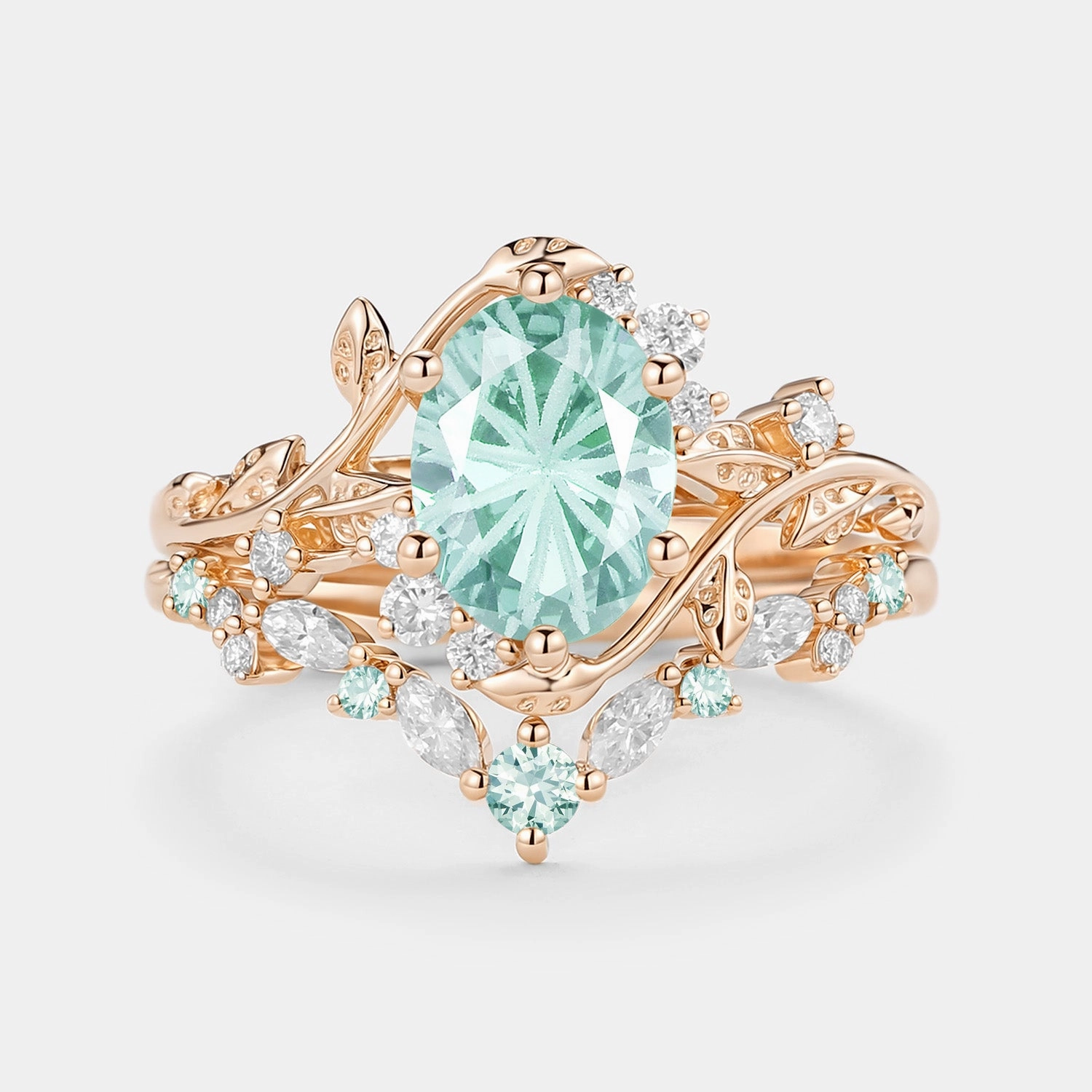 Muted Style Elegant Choice Firework Cut Oval Leafy Lab Green Sapphire Engagement Ring Set 2pcs - Lilac