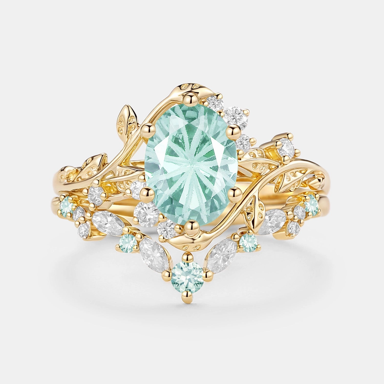 Firework Cut Oval Leafy Lab Green Sapphire Engagement Ring Set 2pcs - Lilac Gloss Layer Cool Detail