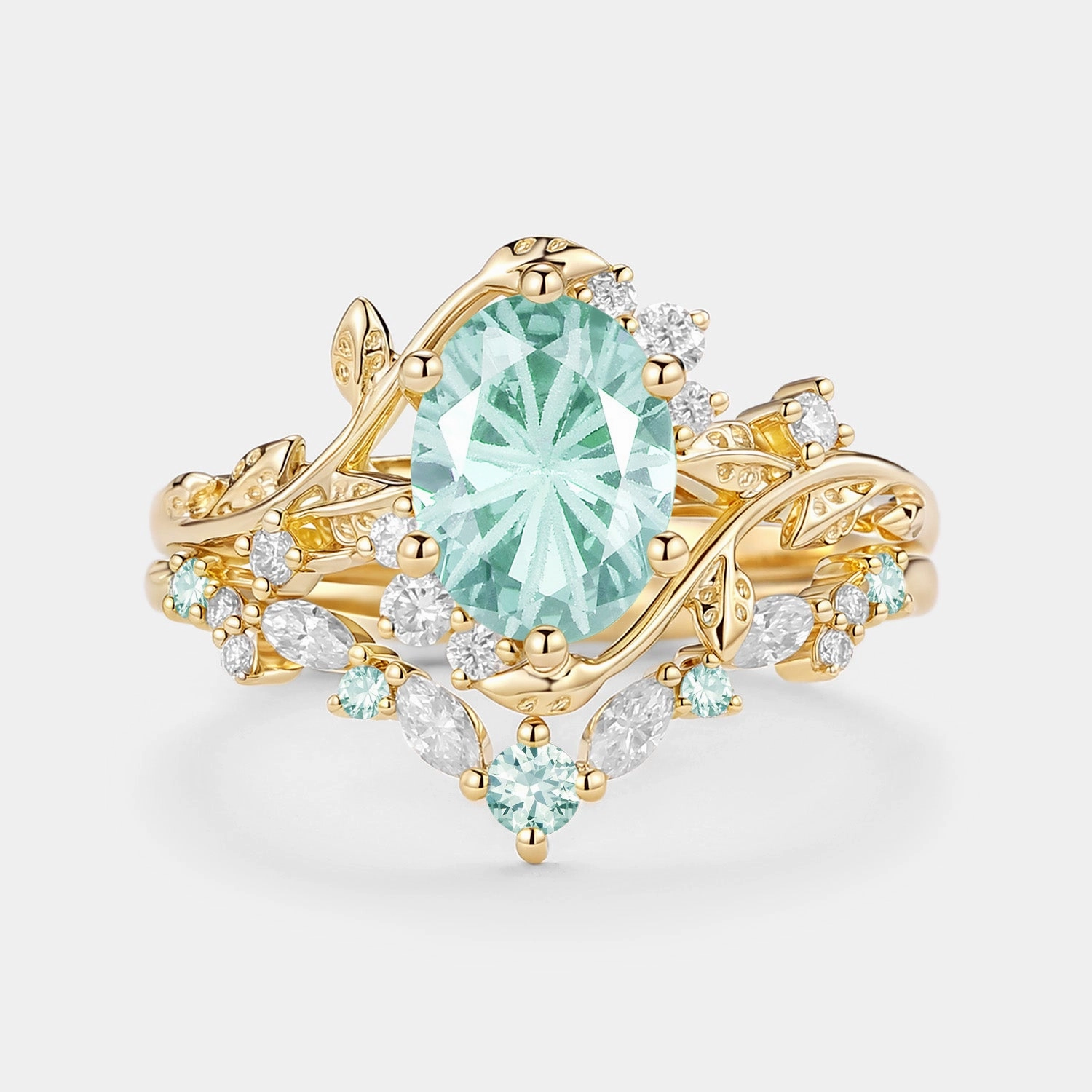 Memory Keeper Firework Cut Oval Leafy Lab Green Sapphire Engagement Ring Set 2pcs - Lilac