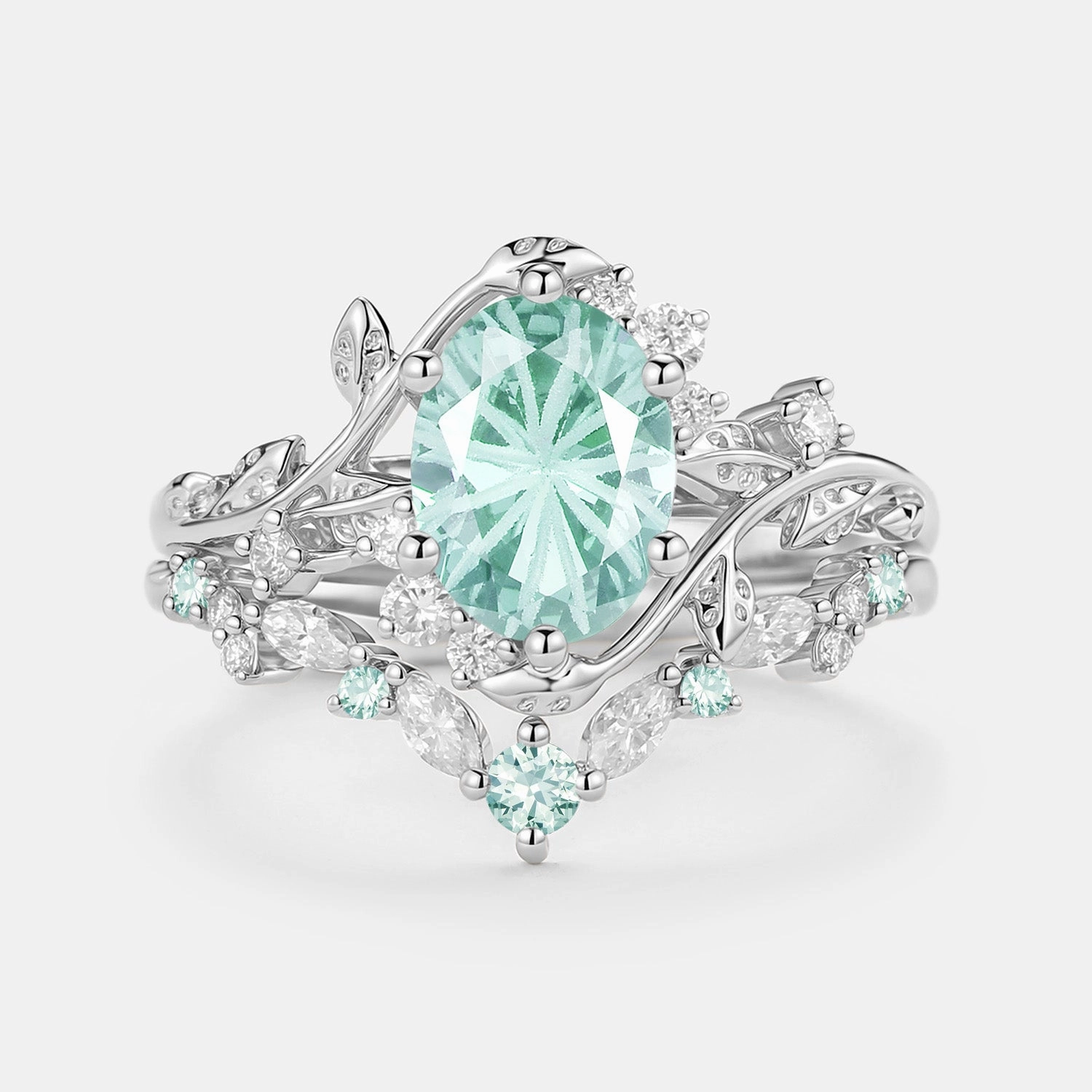 Firework Cut Oval Leafy Lab Green Sapphire Engagement Ring Set 2pcs - Lilac Shining Edge Allure Detail