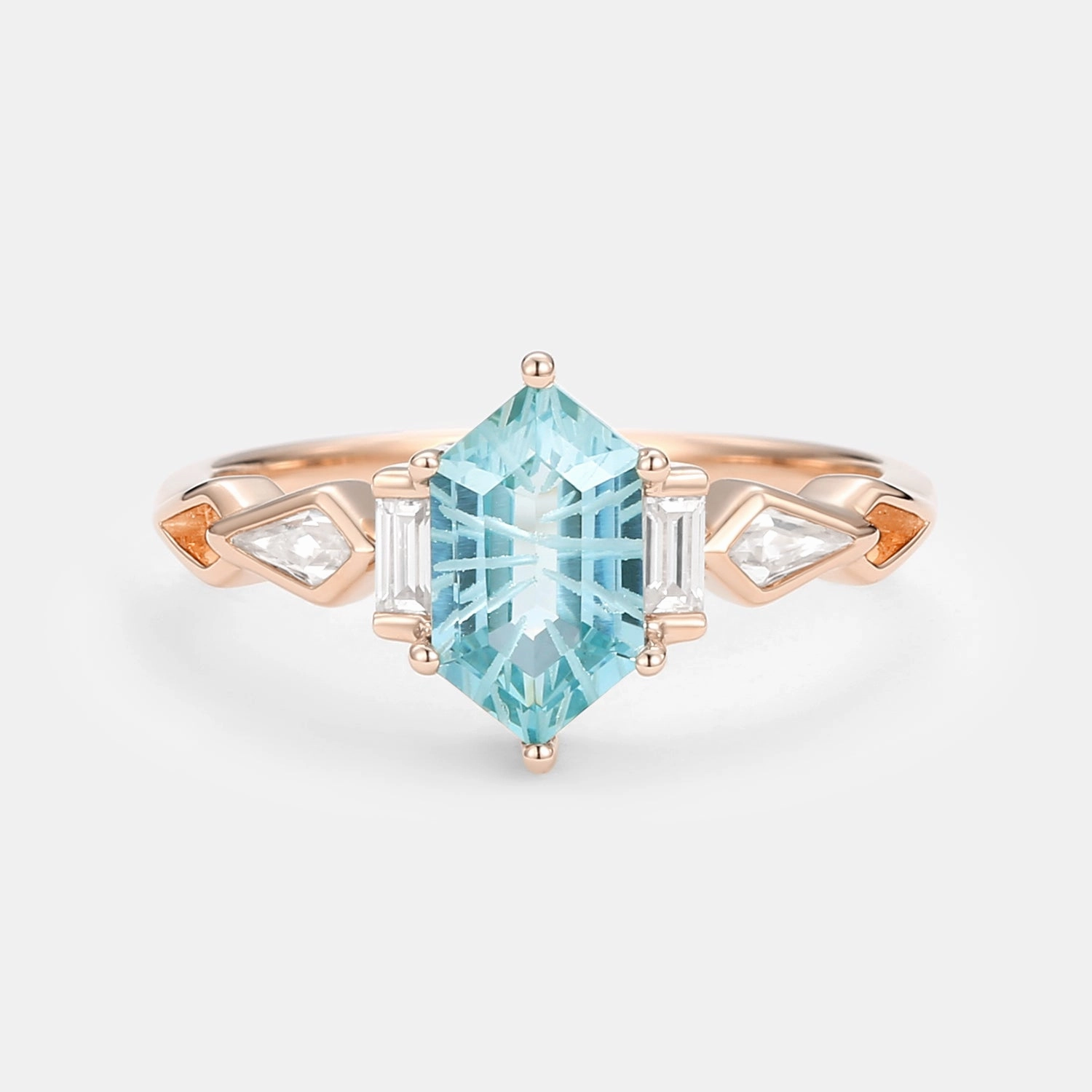 Fireworks Cut Aquamarine Elongated Hexagon Engagement Ring - Marina Classic Touch