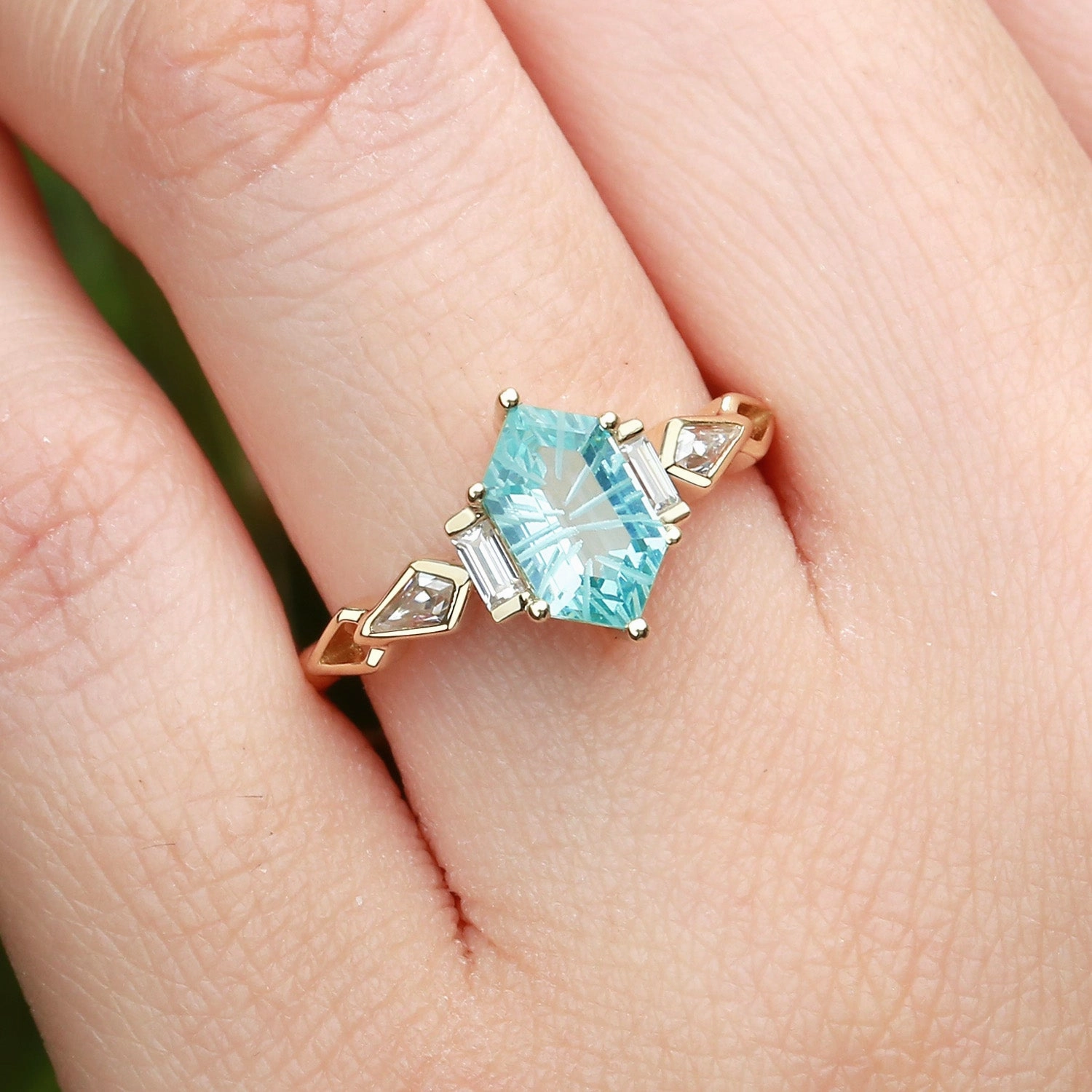 Fireworks Cut Aquamarine Elongated Hexagon Engagement Ring - Marina All Year