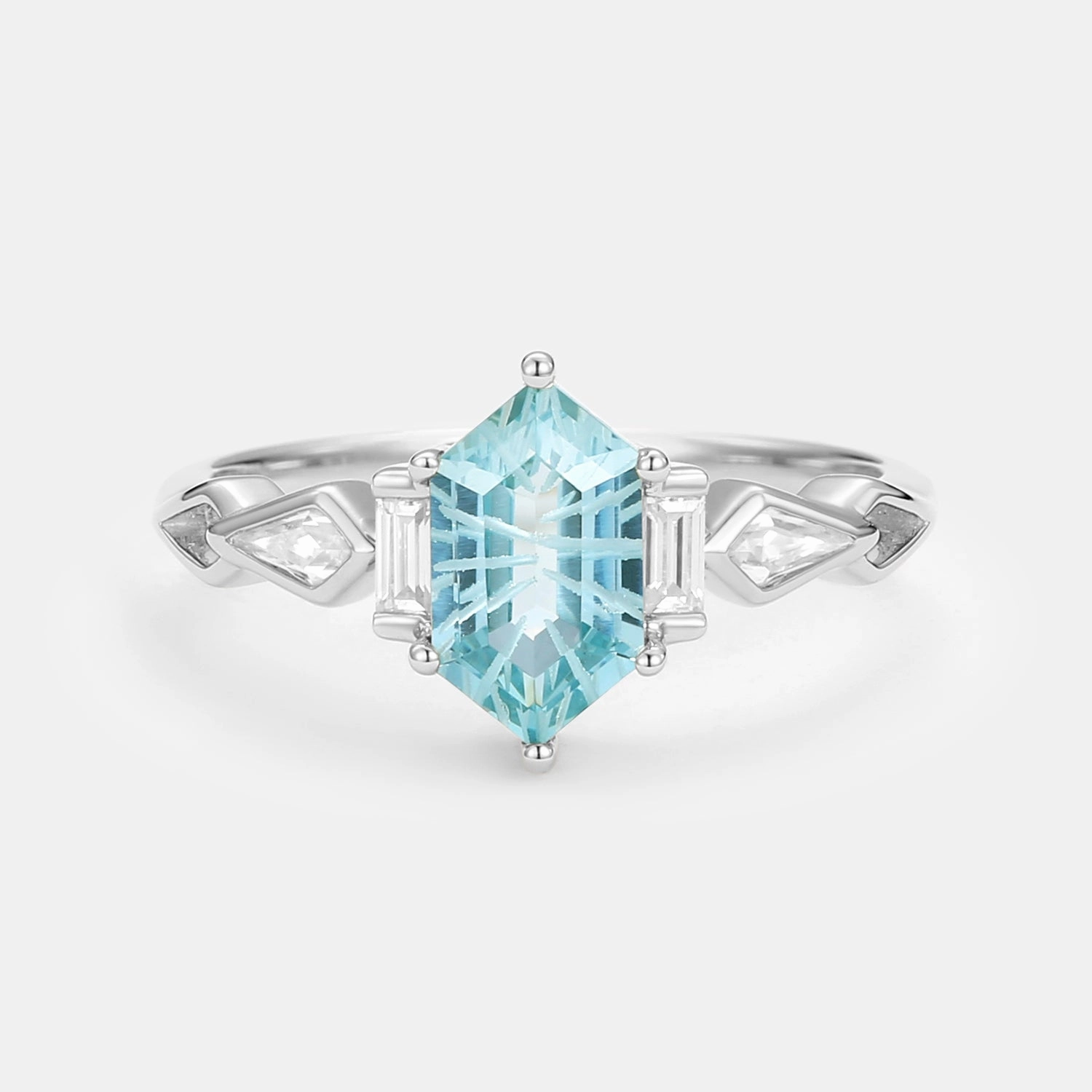Fireworks Cut Aquamarine Elongated Hexagon Engagement Ring - Marina Classic Aesthetic Memorable Gift