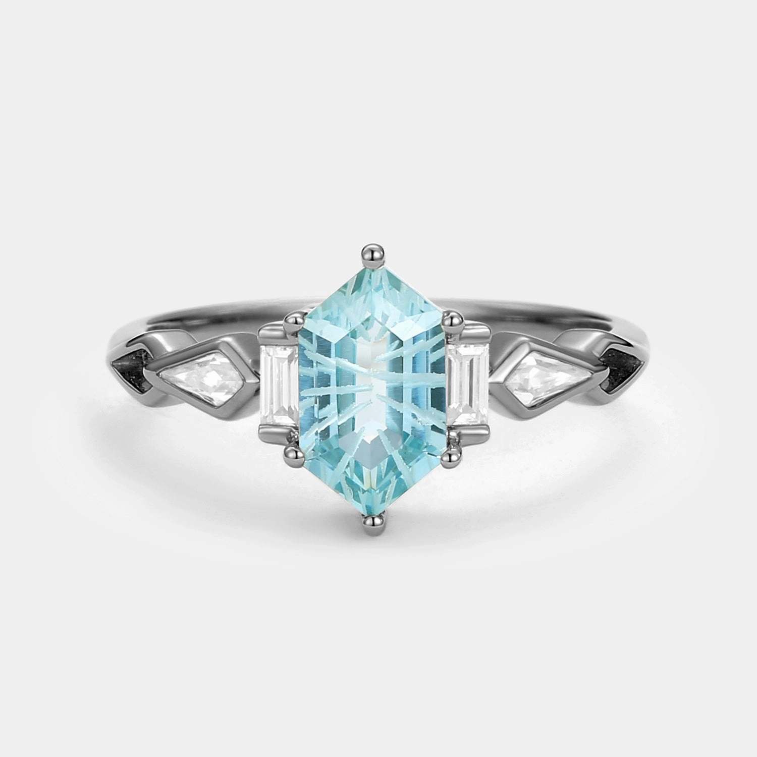 Creative Present Affordable Decoration Fireworks Cut Aquamarine Elongated Hexagon Engagement Ring - Marina