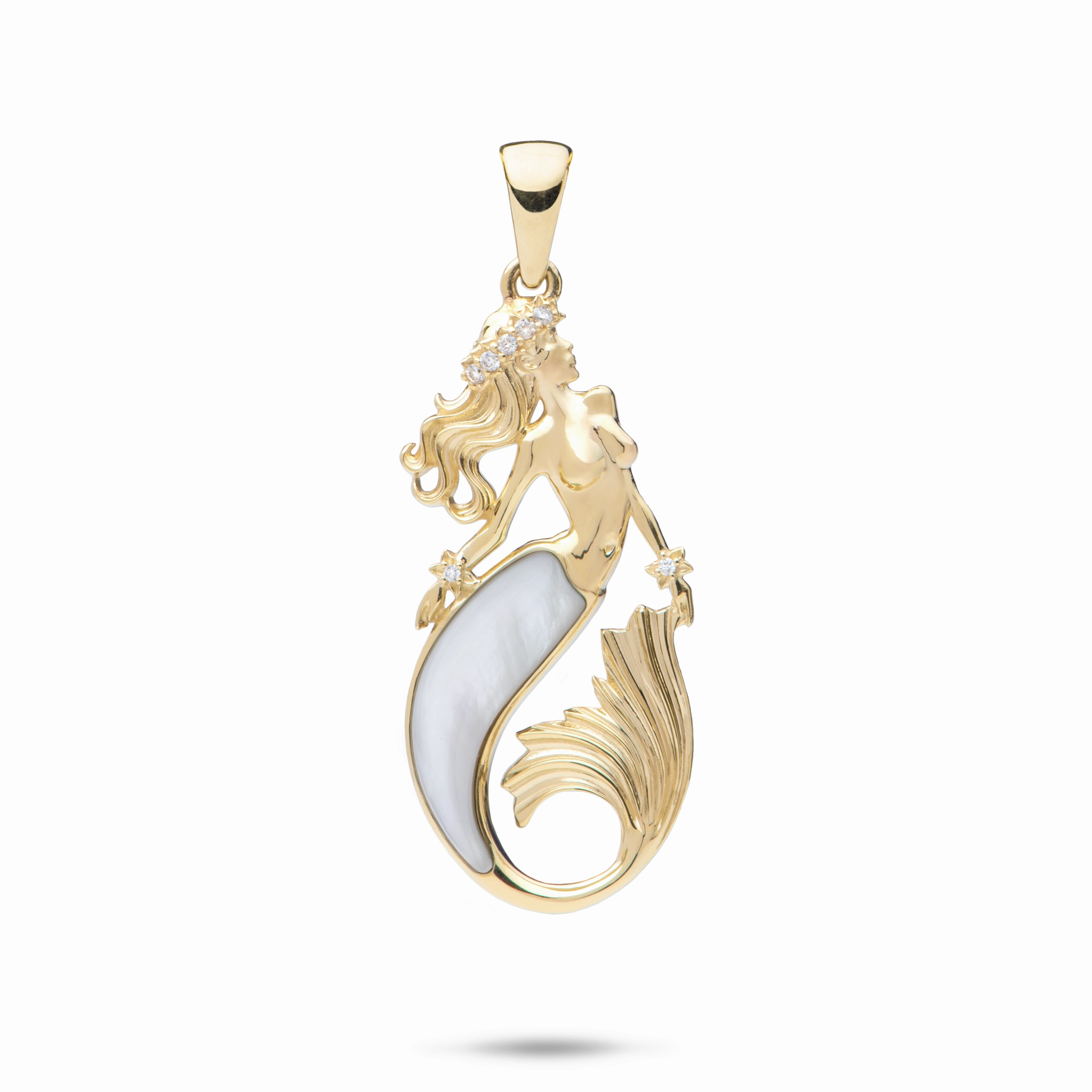 Elegant accessory Sealife Mermaid Mother of Pearl Pendant in Gold with Diamonds - 30mm