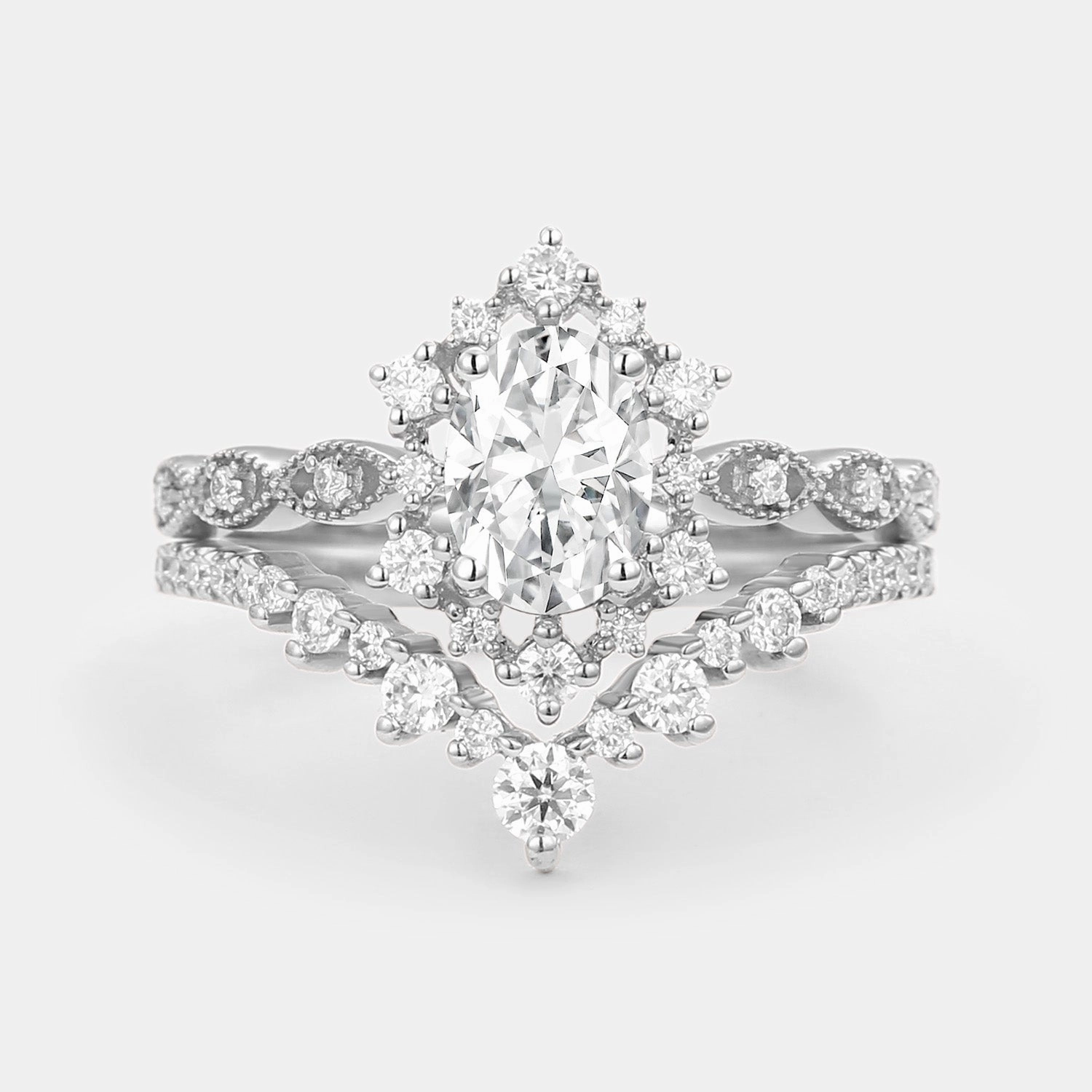 Handcrafted Work Glamorous Ornament Vintage Oval Moissanite Floral Cluster Ring Set 2pcs