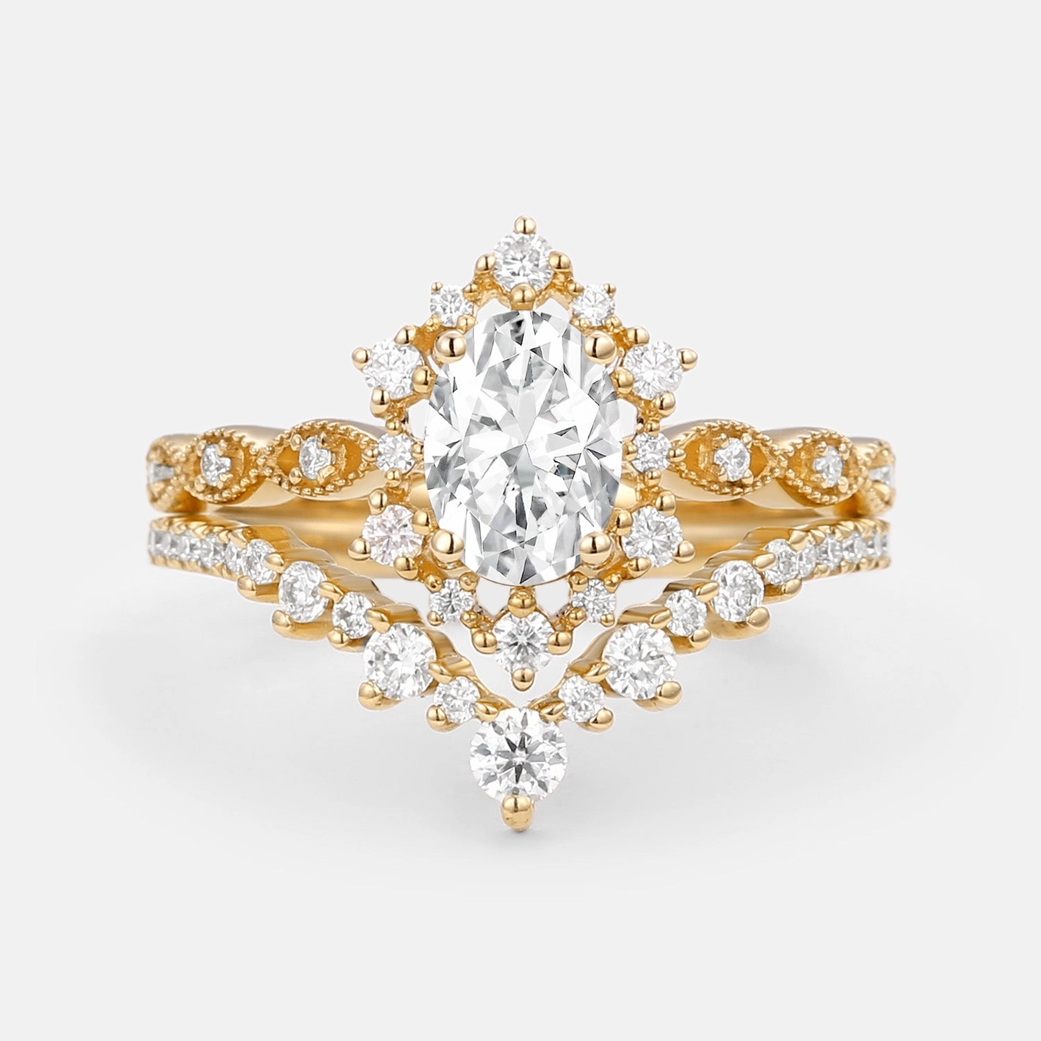 Everyday Wear Vintage Oval Moissanite Floral Cluster Ring Set 2pcs