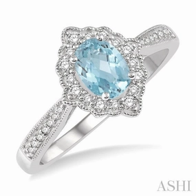 Unique Art 6x4 MM Oval Shape Aquamarine and 1/5 Ctw Round Cut Diamond Semi-Precious Ring in 10K White Gold