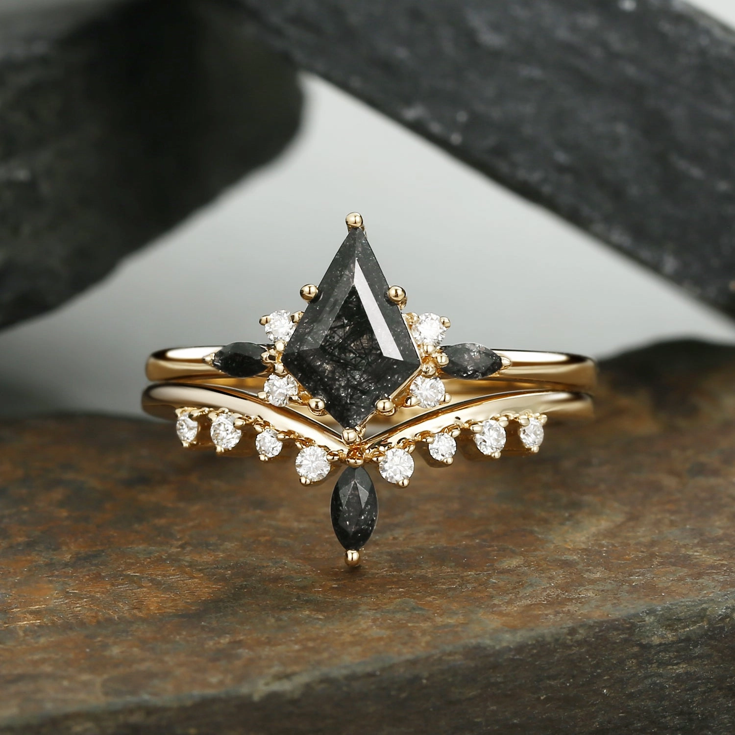 Exquisite Piece Kite Cut Black Rutilated Quartz Engagement Ring Set 2pcs - Claire