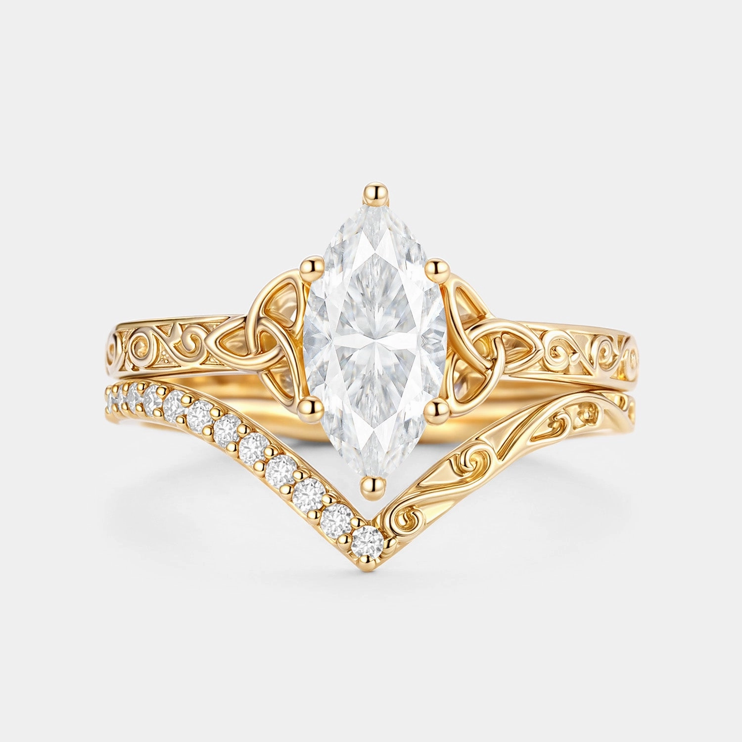 Marquise Moissanite Engraved Engagement Ring Set 2pcs - Willa City Stroll