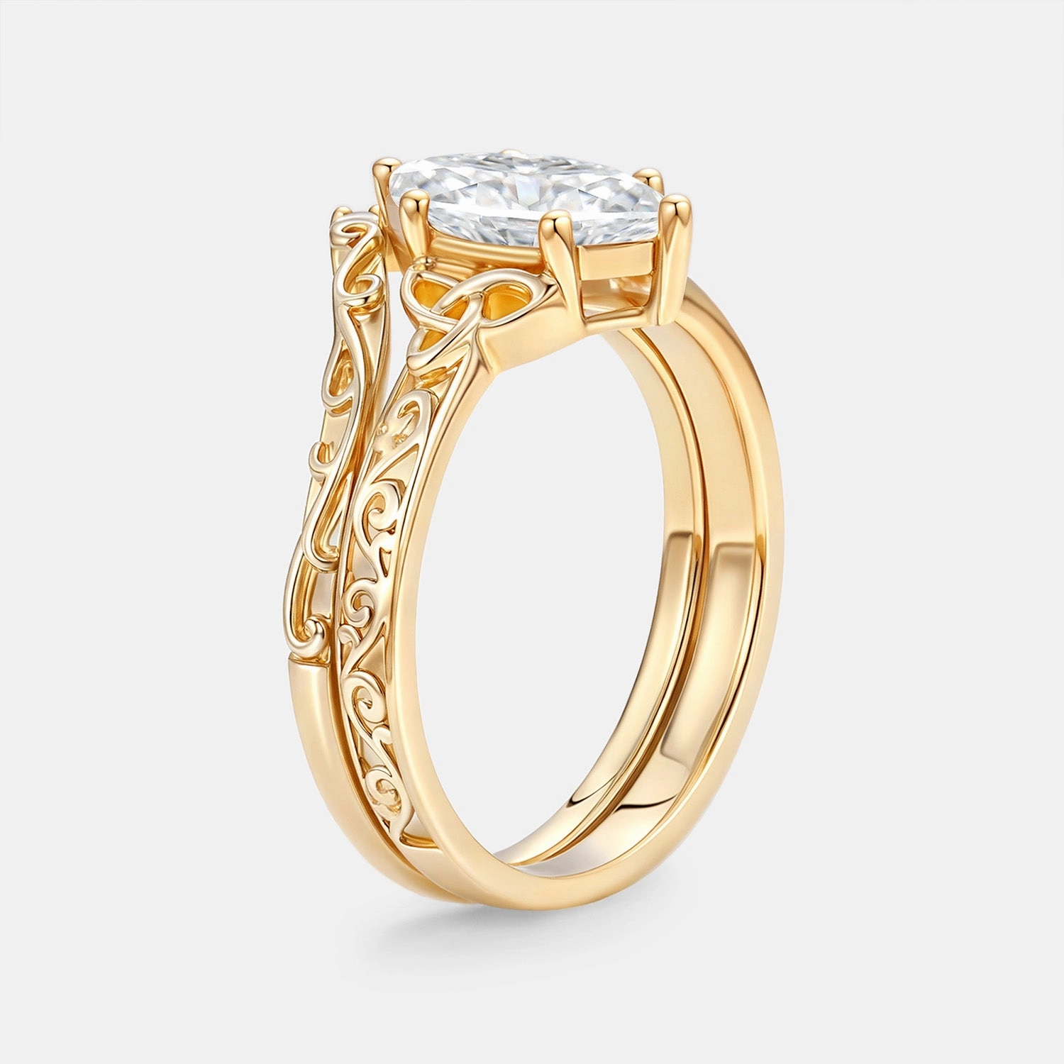 Signature Form Marquise Moissanite Engraved Engagement Ring Set 2pcs - Willa