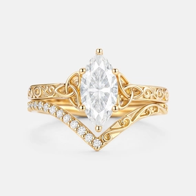 Marquise Moissanite Engraved Engagement Ring Set 2pcs - Willa Sophisticated Element Gleaming Gem