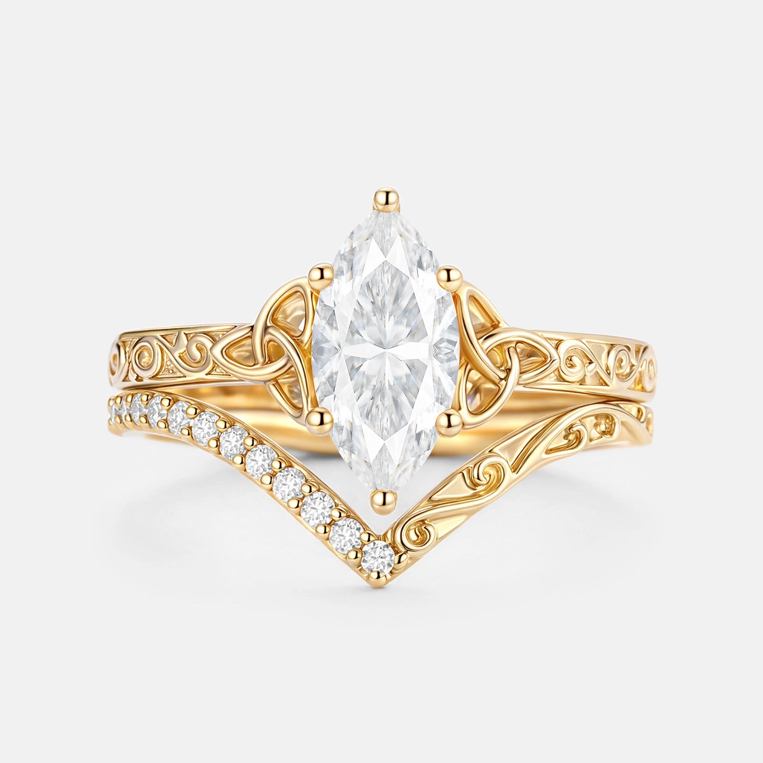 Marquise Moissanite Engraved Engagement Ring Set 2pcs - Willa Sophisticated Element Gleaming Gem