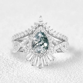 Structured Design Pear Moss Agate Halo Baguette Engagement Ring Set 2pcs