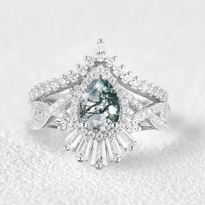 Fashion Trend Customizable Appearance Pear Moss Agate Halo Baguette Engagement Ring Set 2pcs