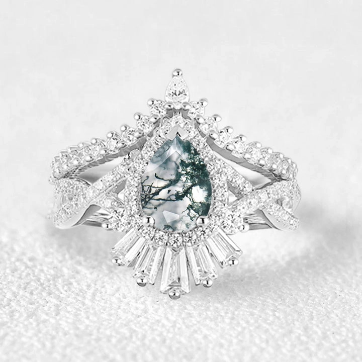 Fantastic Ornament Pear Moss Agate Halo Baguette Engagement Ring Set 2pcs