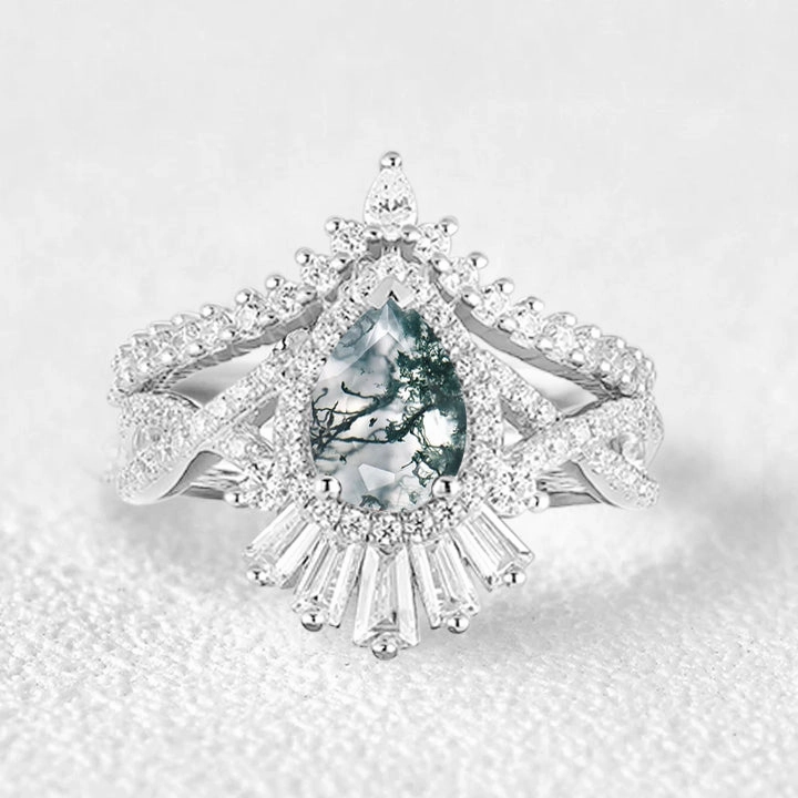 Instant Shine Pear Moss Agate Halo Baguette Engagement Ring Set 2pcs