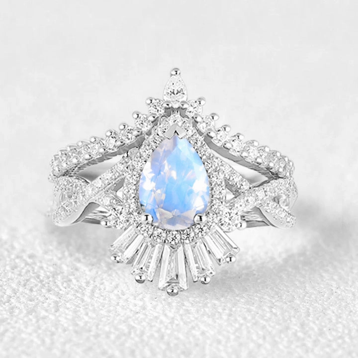 Timeless Embellishment Pear Moss Agate Halo Baguette Engagement Ring Set 2pcs