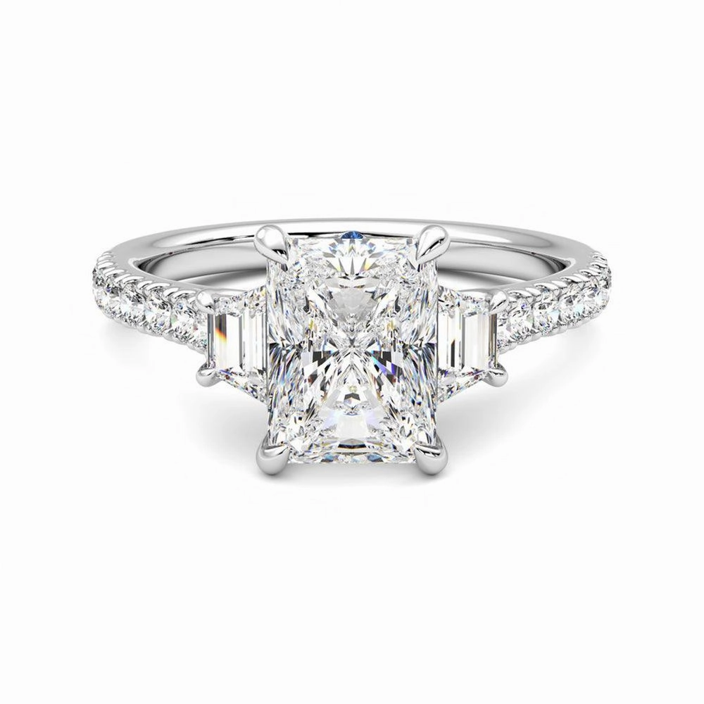 Pure Accent Three Stone Radiant Cut & Half Moon Moissanite Engagement Ring with Hidden Anniversary Stone Accent