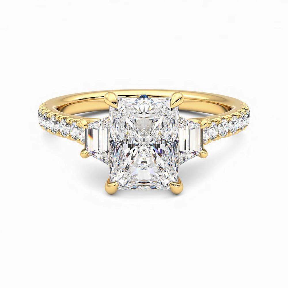 Rich Detailing Signature Feature Three Stone Radiant Cut & Half Moon Moissanite Engagement Ring with Hidden Anniversary Stone Accent
