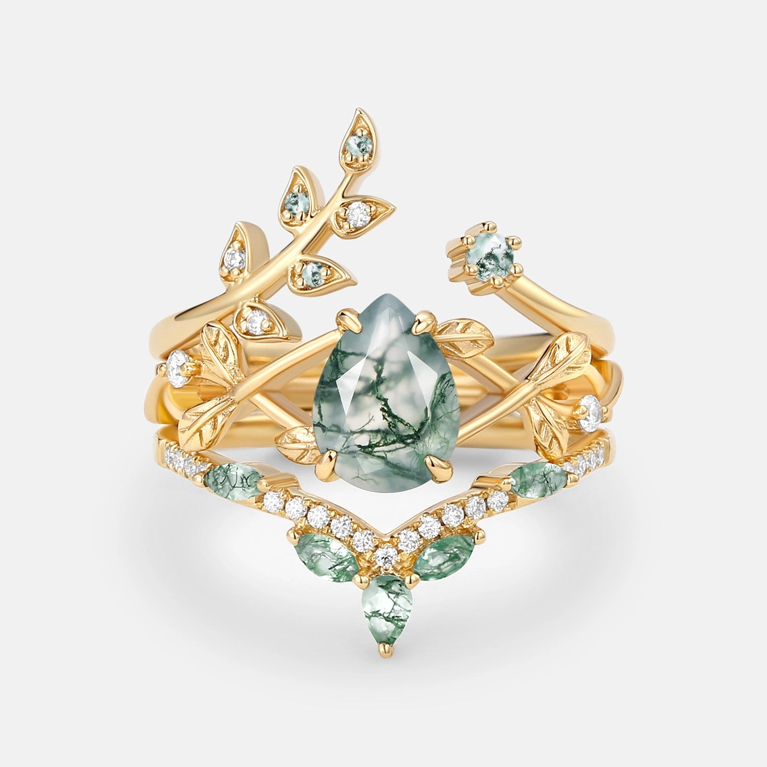 Evening Accessory Trendy Finish Pear Shaped Moss Agate Leafy Ring Set 3pcs - Liliana