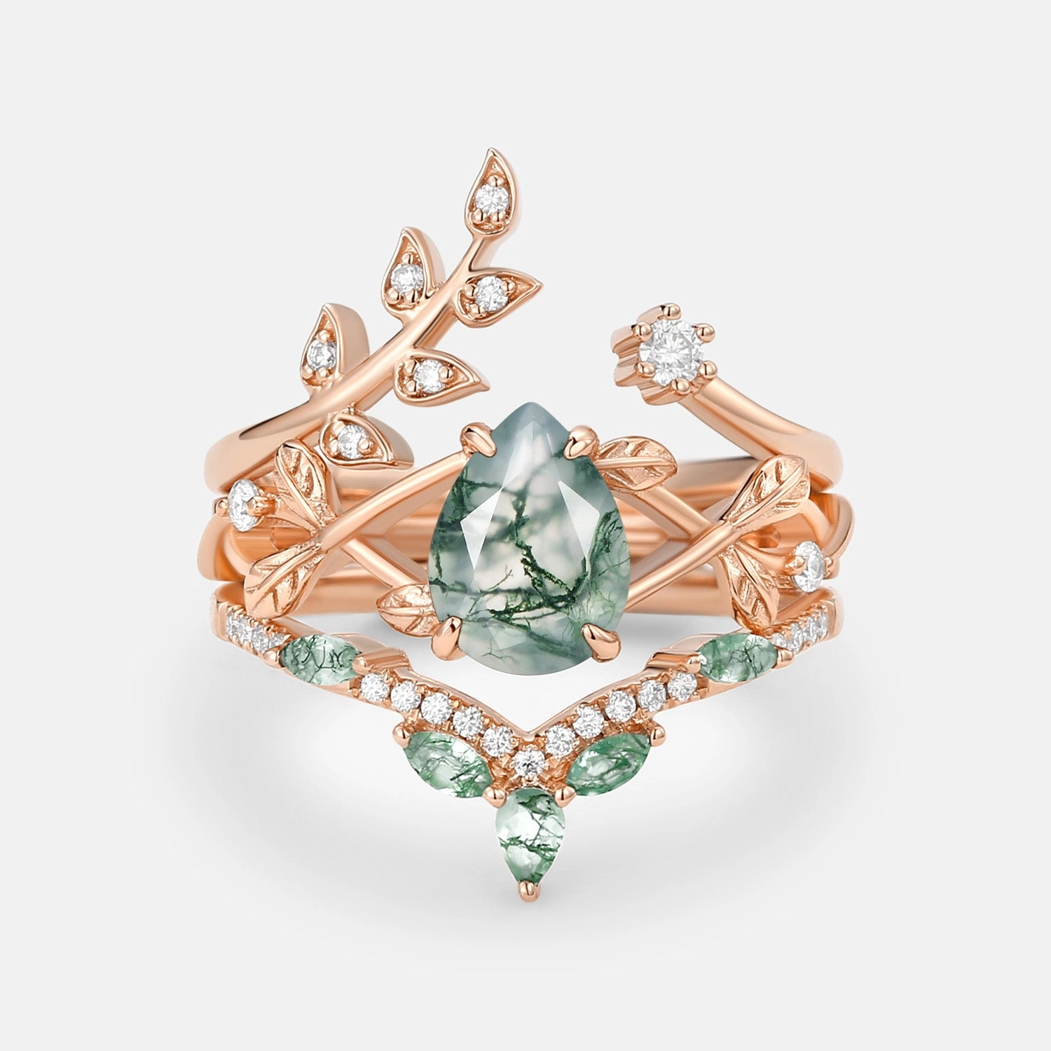 Pear Shaped Moss Agate Leafy Ring Set 3pcs - Liliana Luminous Shine Elegant Focus