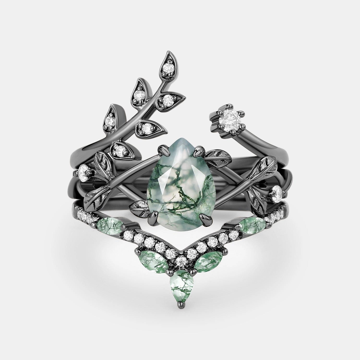 Minimal Radiance Gifting Ready Pear Shaped Moss Agate Leafy Ring Set 3pcs - Liliana