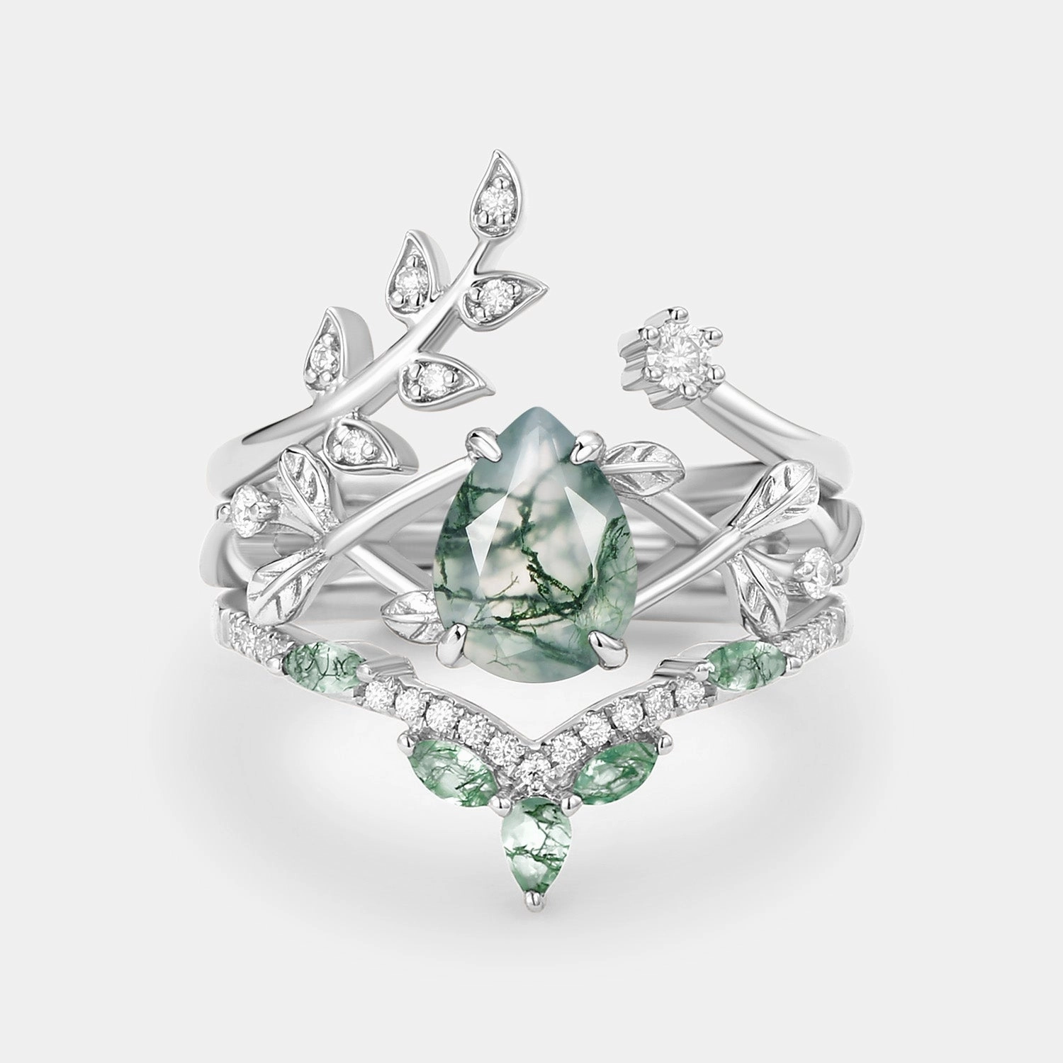 Pear Shaped Moss Agate Leafy Ring Set 3pcs - Liliana Outdoor Glam