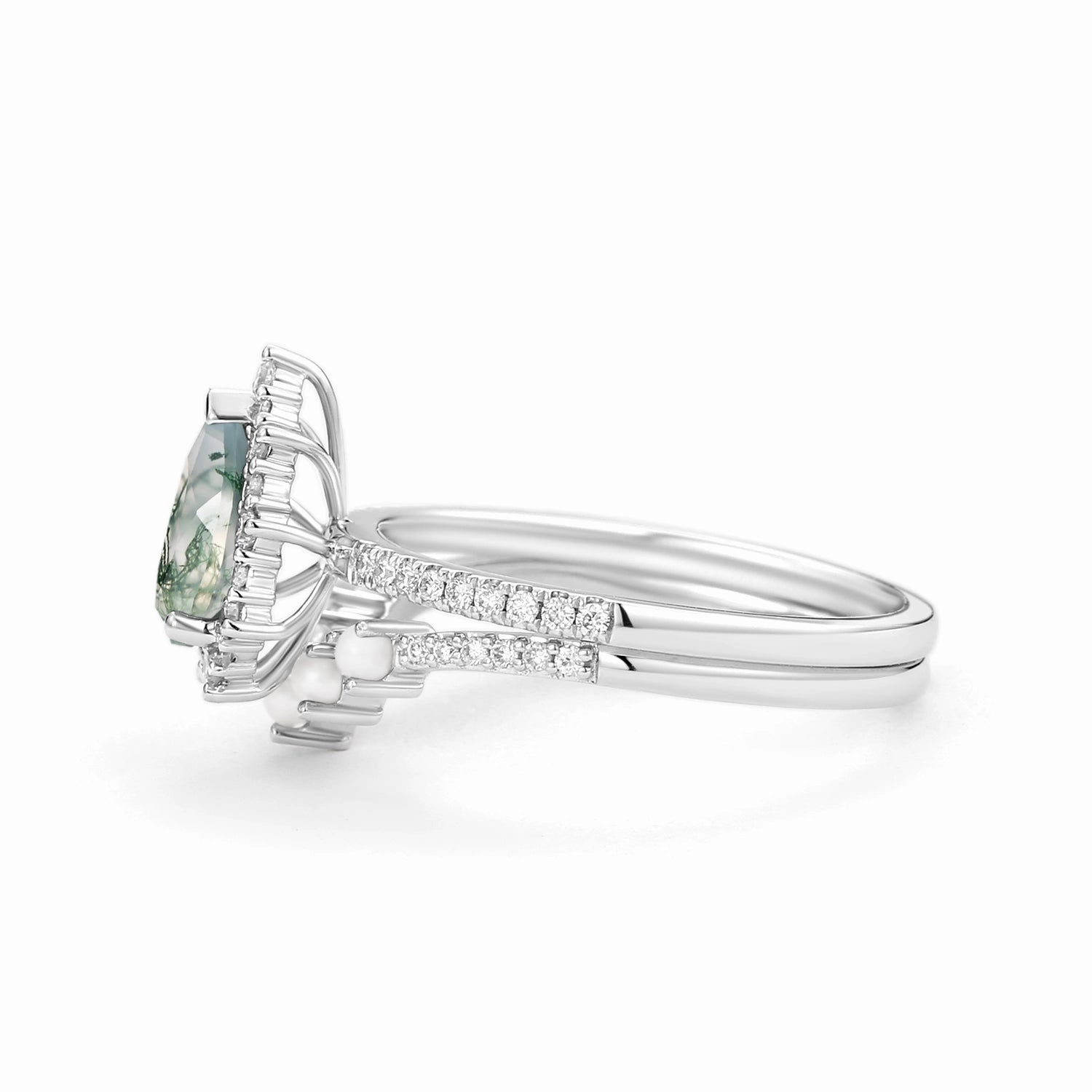 Luxury Texture Halo Pear Shaped Moss Agate Pearl Ring Set 2pcs - Ophelia