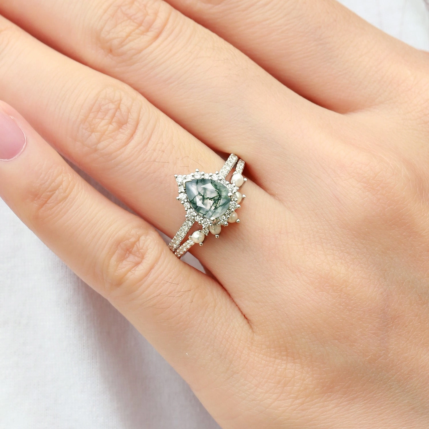 Brick and mortar Machine Processed Halo Pear Shaped Moss Agate Pearl Ring Set 2pcs - Ophelia