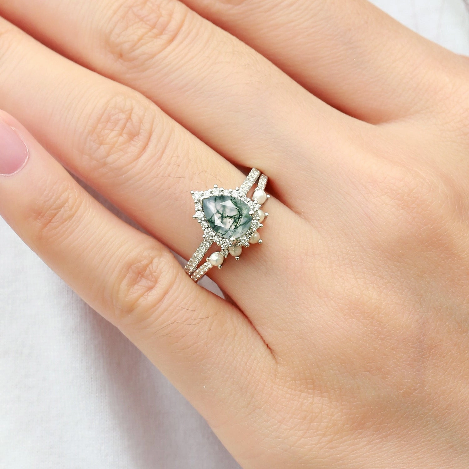 Effortless Elegance Halo Pear Shaped Moss Agate Pearl Ring Set 2pcs - Ophelia