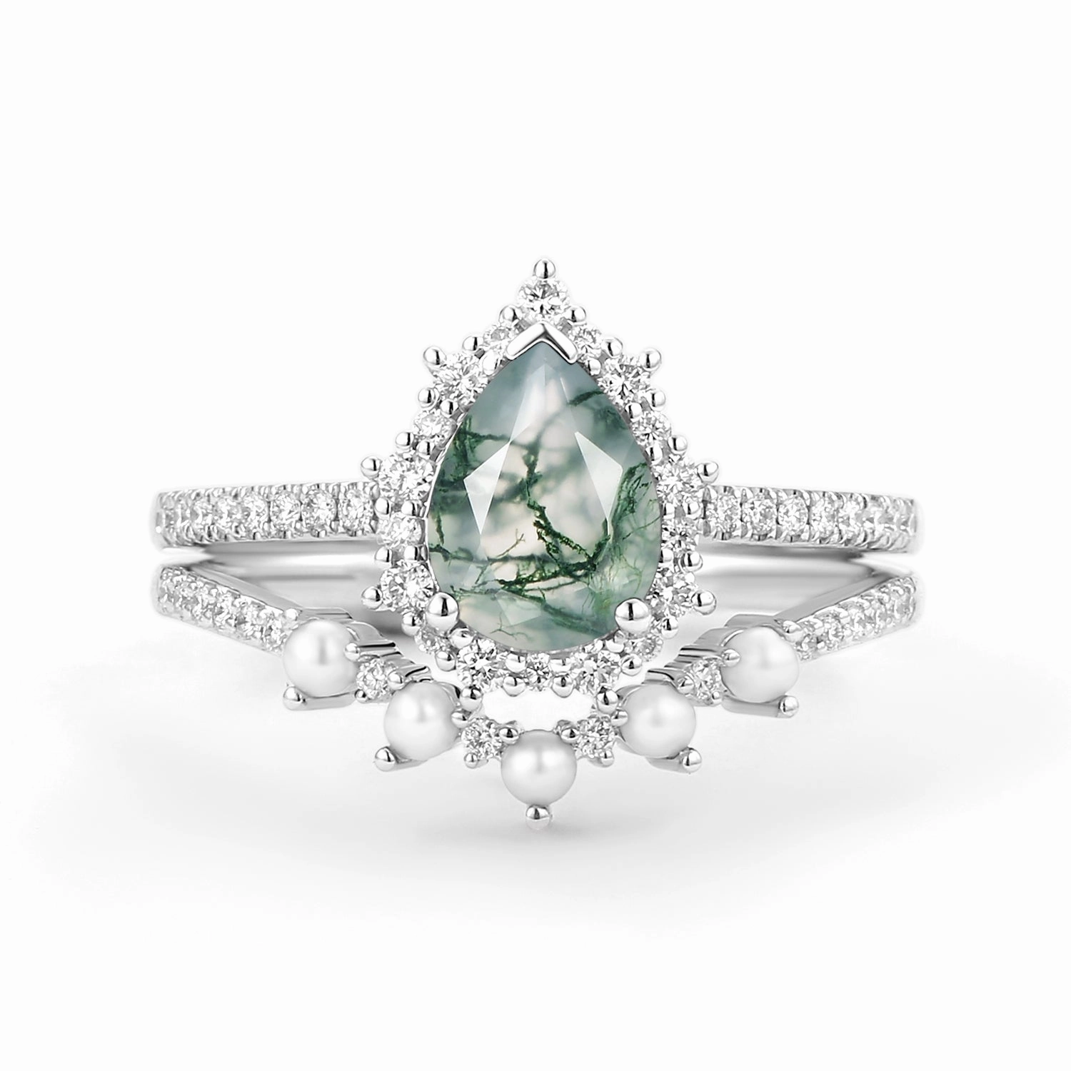 Creative Memento Halo Pear Shaped Moss Agate Pearl Ring Set 2pcs - Ophelia