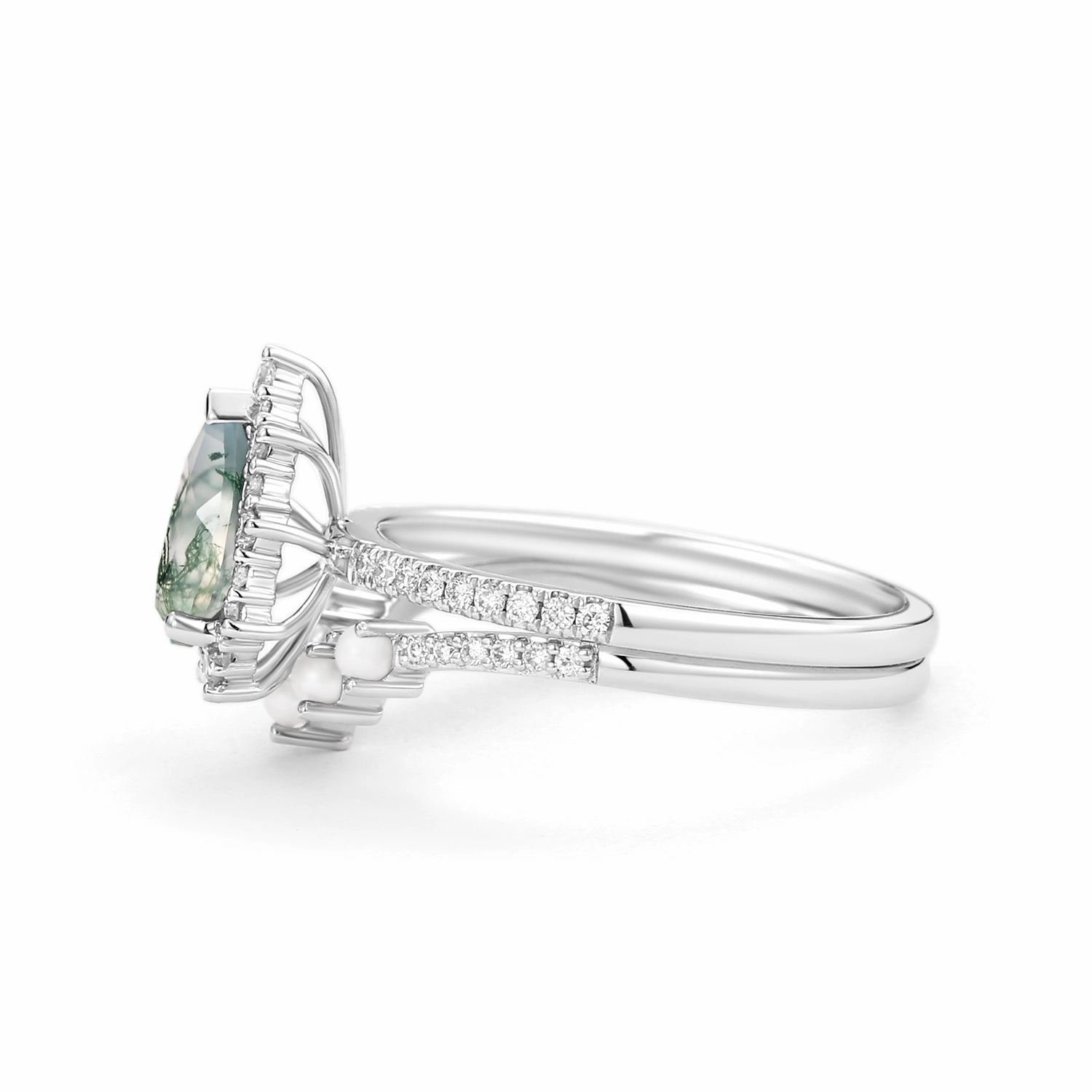Halo Pear Shaped Moss Agate Pearl Ring Set 2pcs - Ophelia Elegant Token