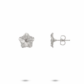 Hawaiian Gardens Hibiscus Earrings in White Gold with Diamonds - 9.5mm Camera Ready