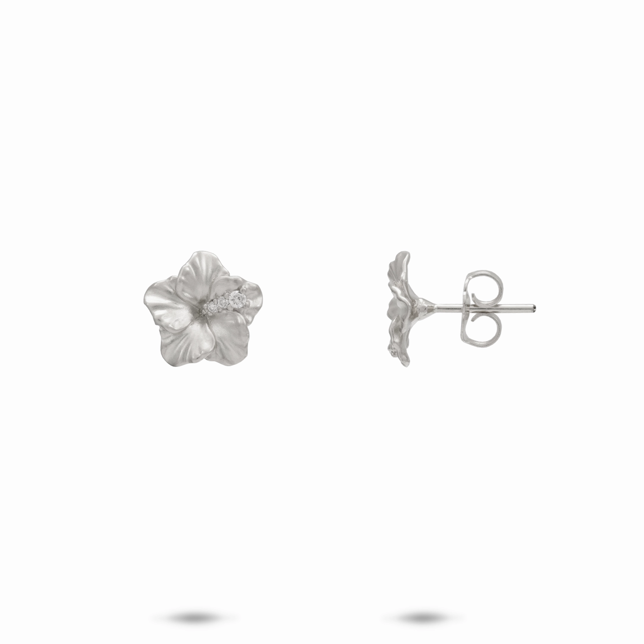 Hawaiian Gardens Hibiscus Earrings in White Gold with Diamonds - 9.5mm Camera Ready